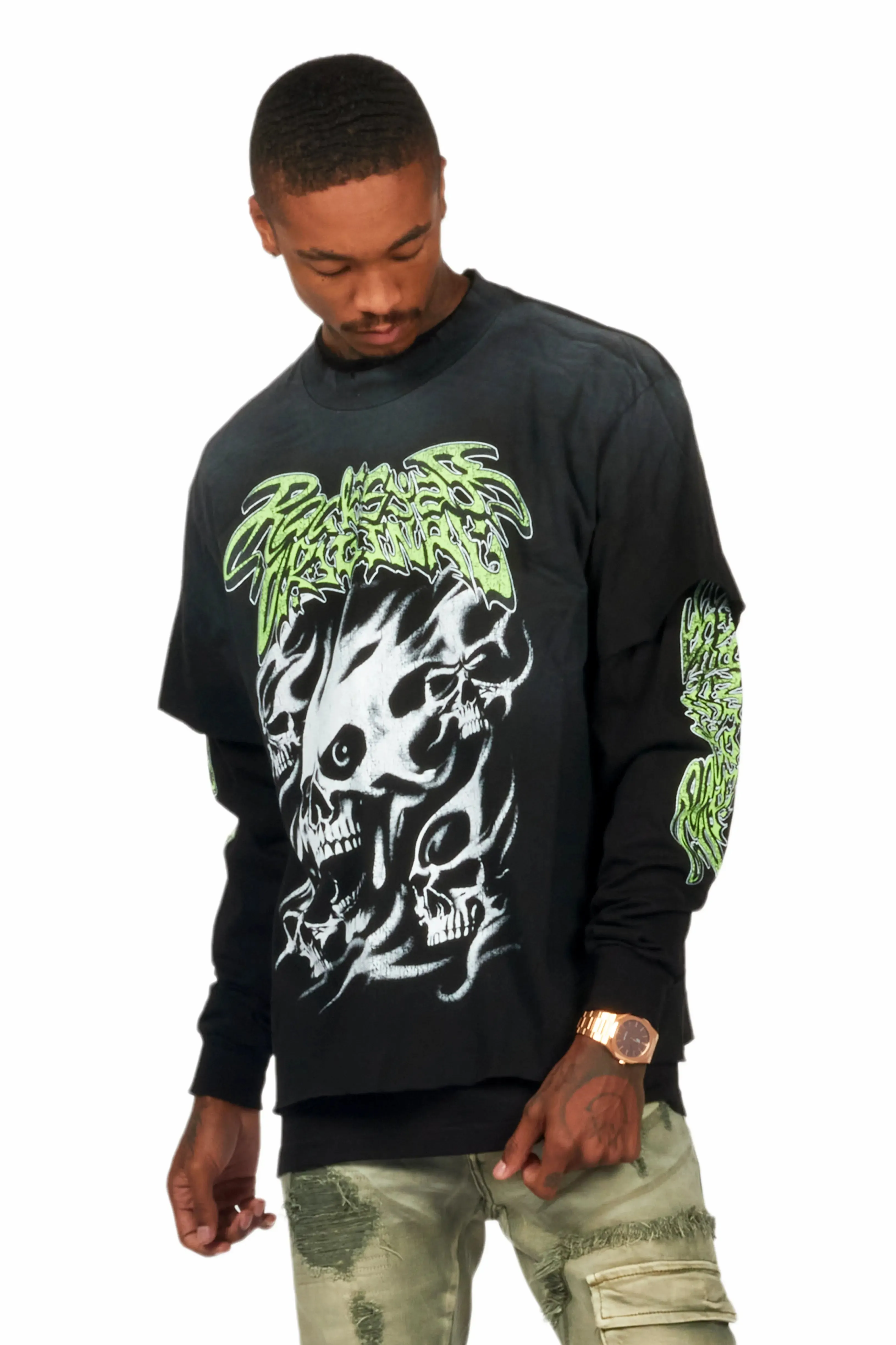 Schtupp Black Double Layer Long Sleeve Graphic T-Shirt sold by Rockstar Original product image thumbnail 5