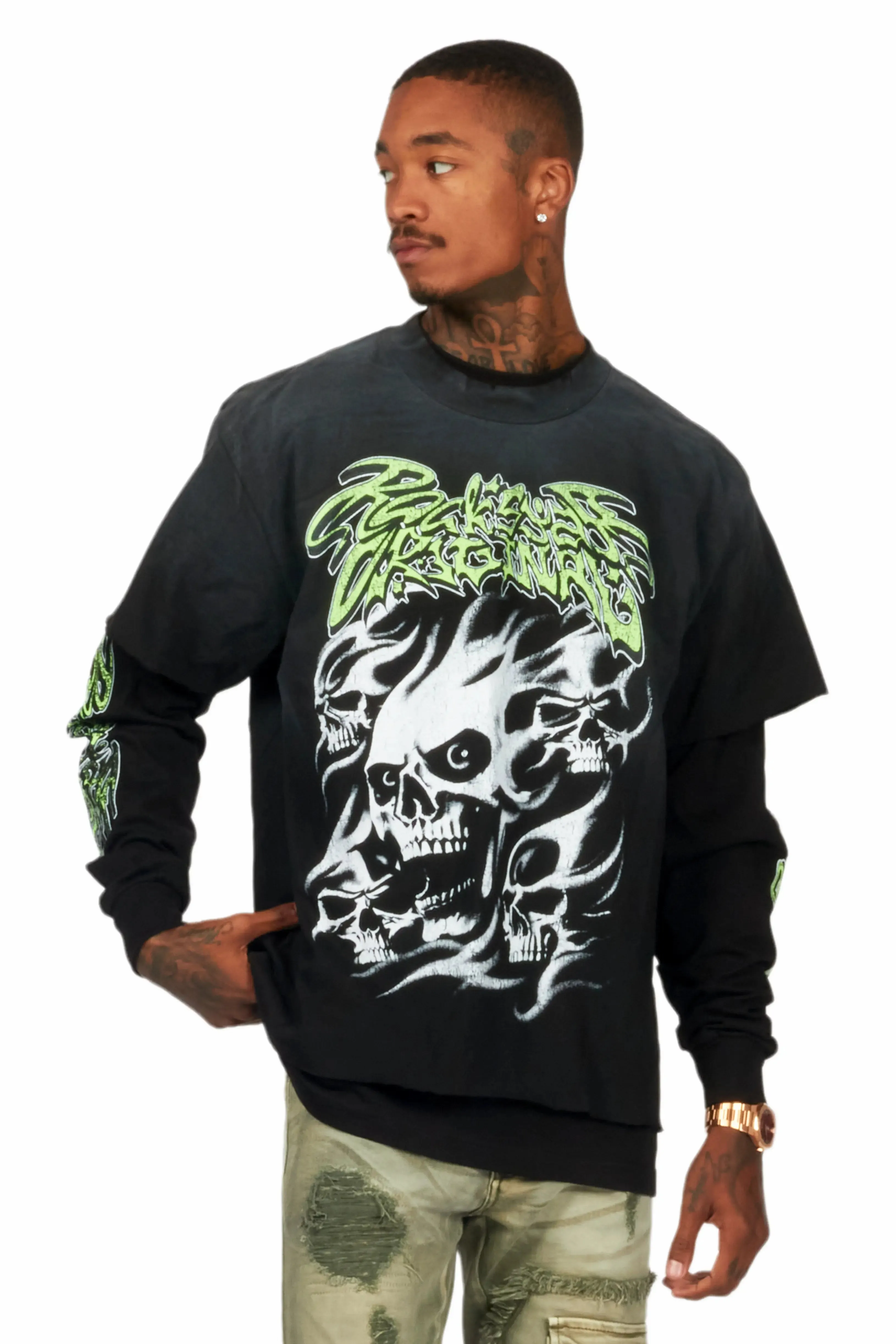 Schtupp Black Double Layer Long Sleeve Graphic T-Shirt sold by Rockstar Original product image thumbnail 4
