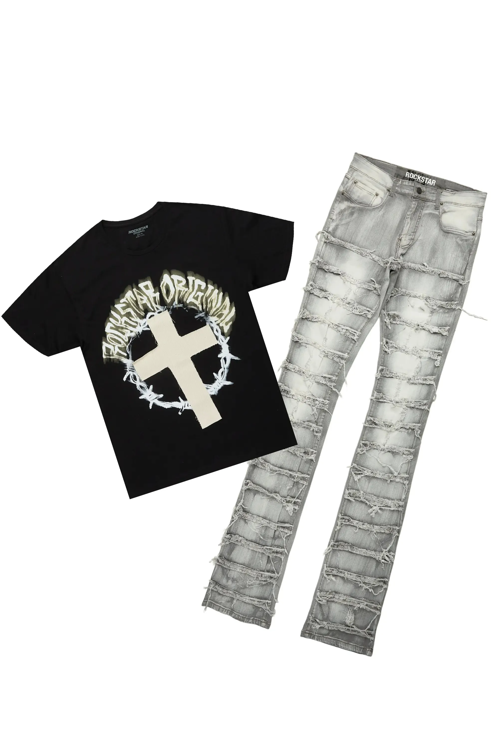 Adino Black/Grey T-Shirt Stacked Flare Jean Bundle sold by Rockstar Original