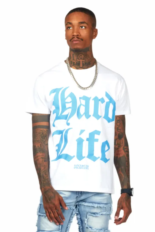 Hard Life White/Blue Graphic T-Shirt sold by Rockstar Original