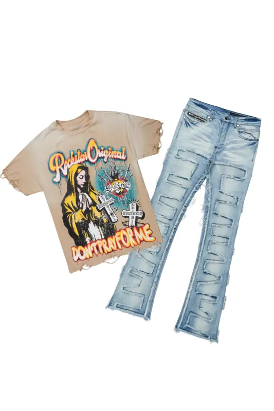 Loman Beige Oversized T-Shirt & Shake Blue Stacked Flare Jean Bundle sold by Rockstar Original
