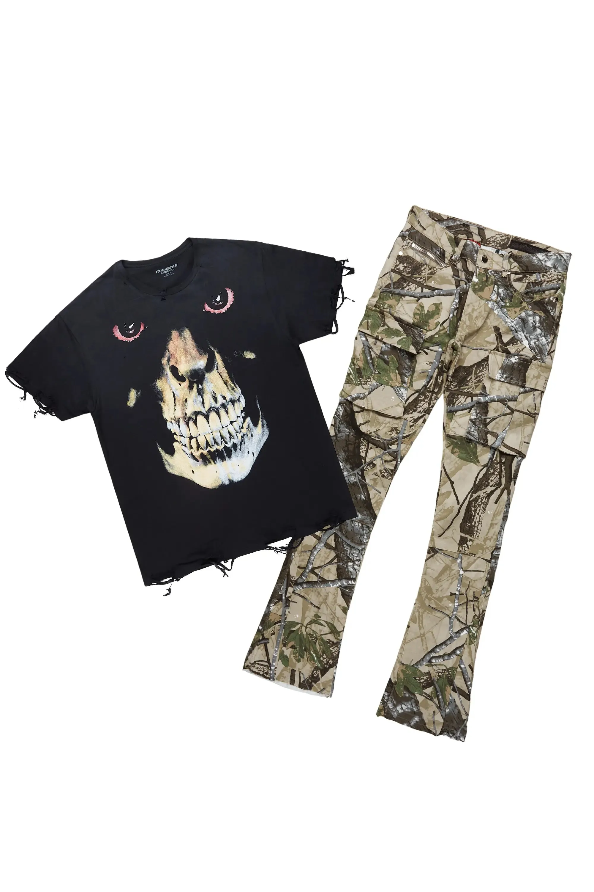 Dunebi Black Oversized T-Shirt & Merrik Tree Camo Stacked Flare Jean Bundle sold by Rockstar Original