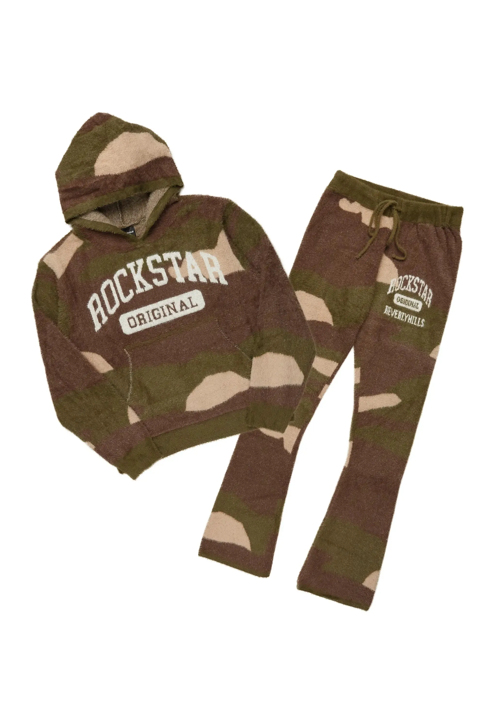 Member Green Camo Stacked Flare Knitted Mohair Track Set sold by Rockstar Original