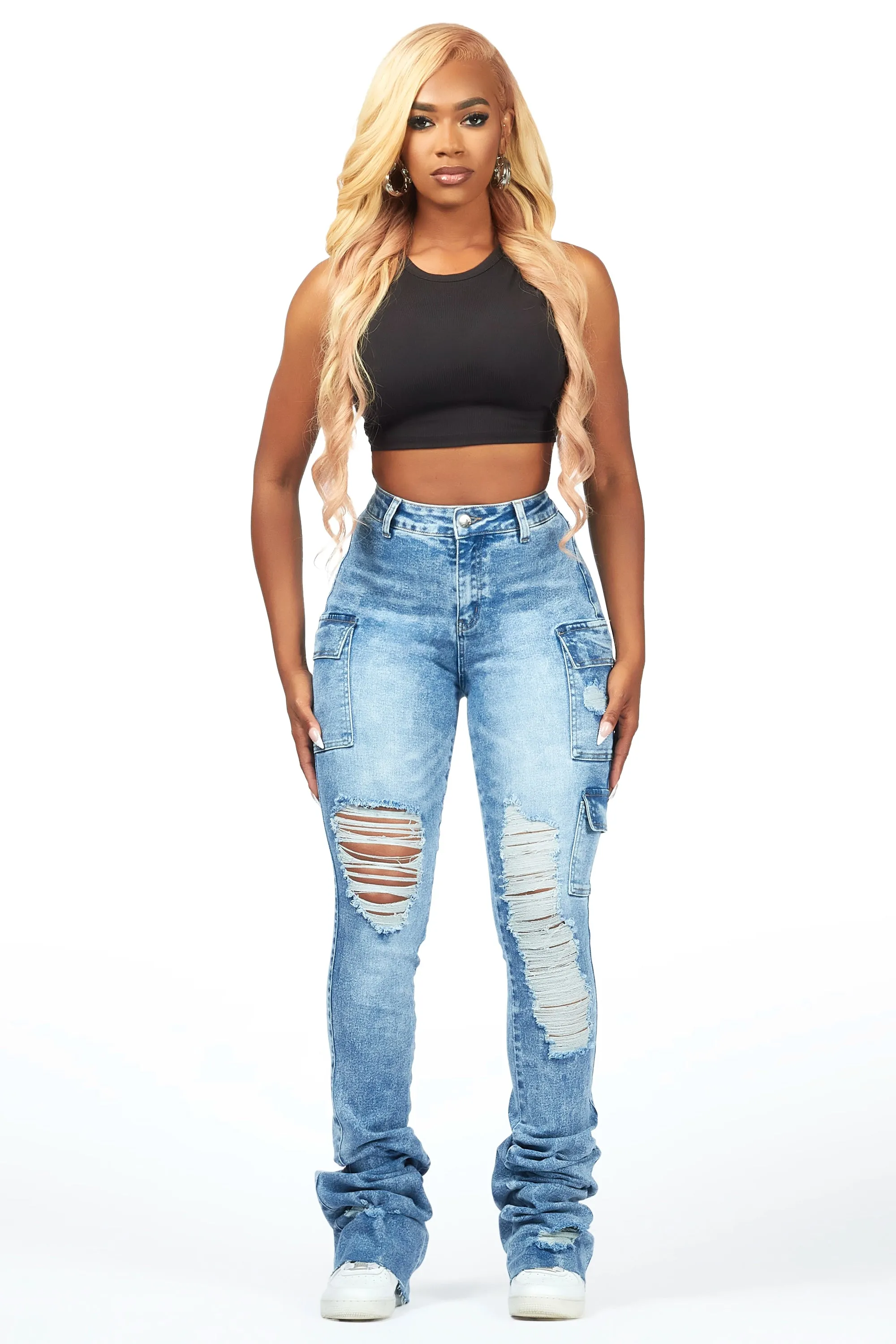Vixen Acid Wash Distressed Cargo Super Stacked Jean sold by Rockstar Original product image thumbnail 3