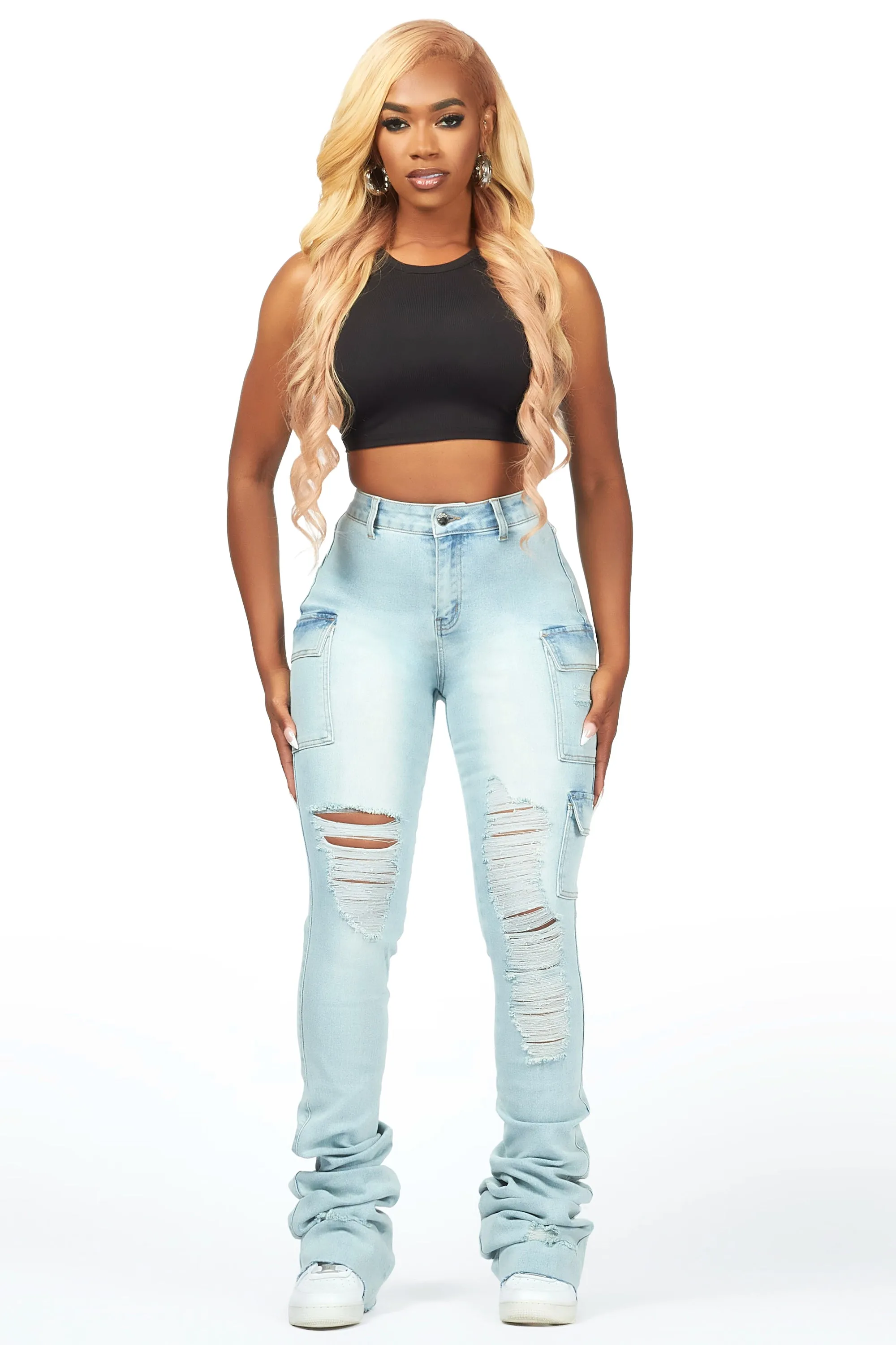 Vixen Light Wash Distressed Cargo Super Stacked Jean sold by Rockstar Original product image thumbnail 2