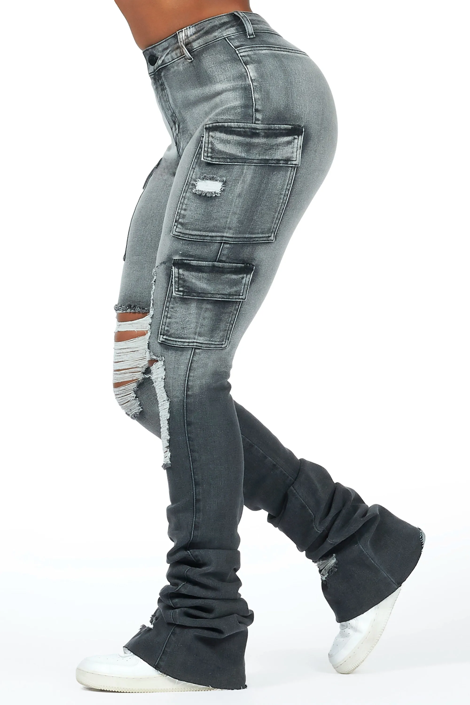 Vixen Grey Wash Distressed Cargo Super Stacked Jean sold by Rockstar Original product image thumbnail 3