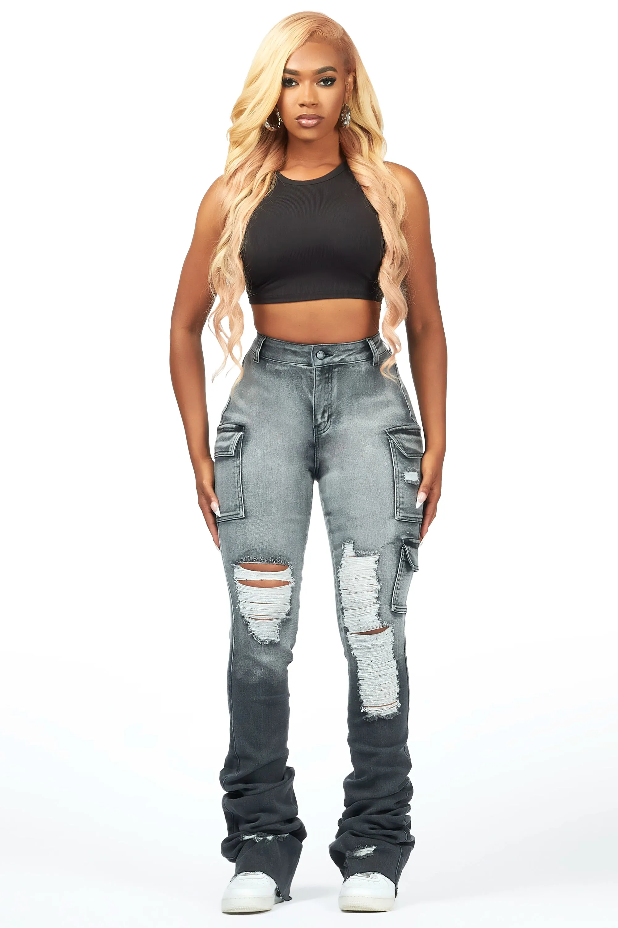 Vixen Grey Wash Distressed Cargo Super Stacked Jean sold by Rockstar Original product image thumbnail 2