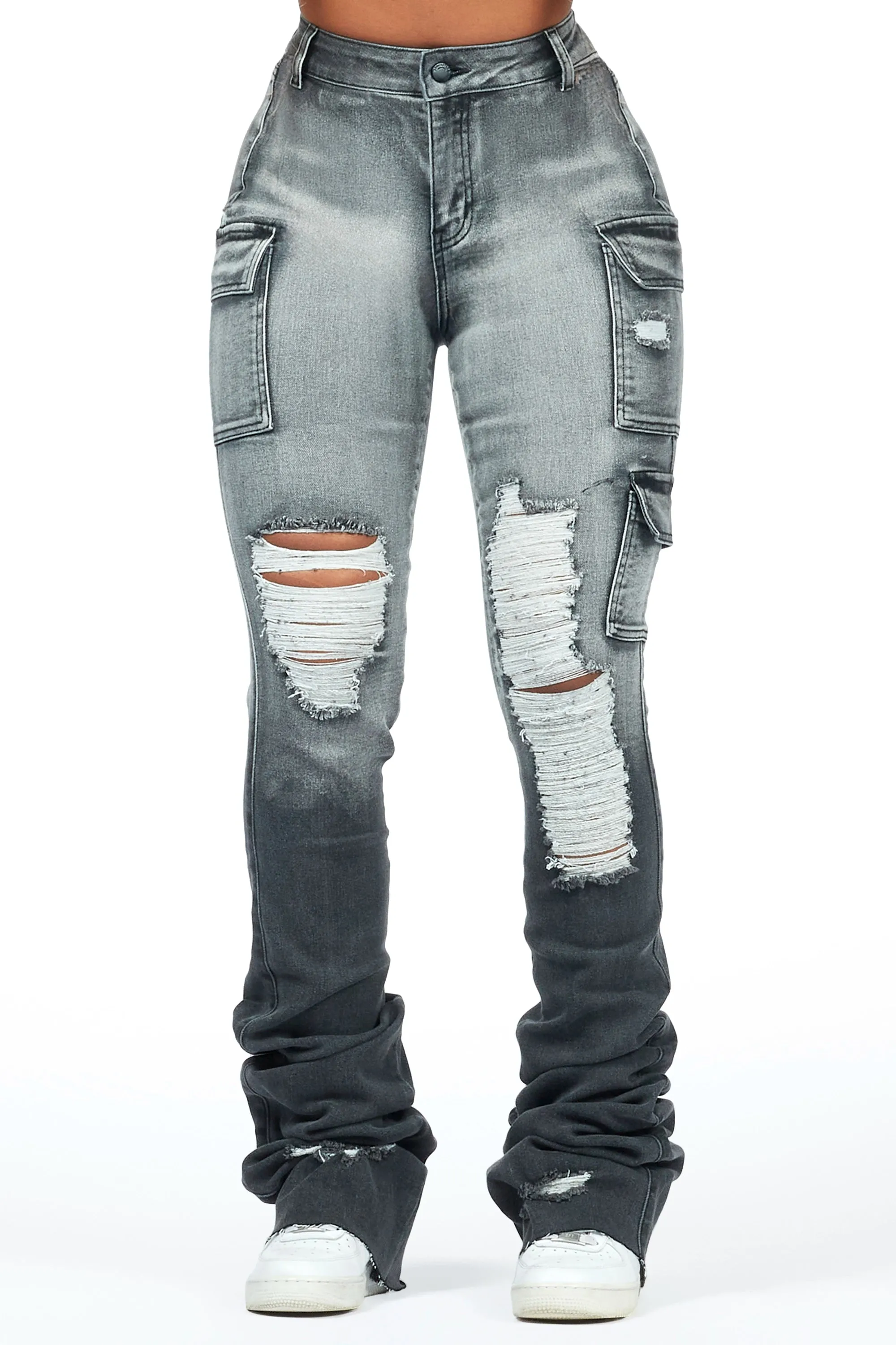 Vixen Grey Wash Distressed Cargo Super Stacked Jean sold by Rockstar Original
