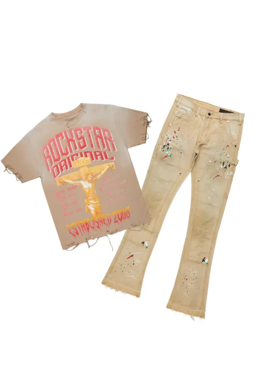 Awready Beige Oversized T-Shirt & Zoticus Stacked Flare Jean Bundle sold by Rockstar Original