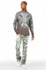 Callias Green Camo Painter Stacked Flare Jean sold by Rockstar Original