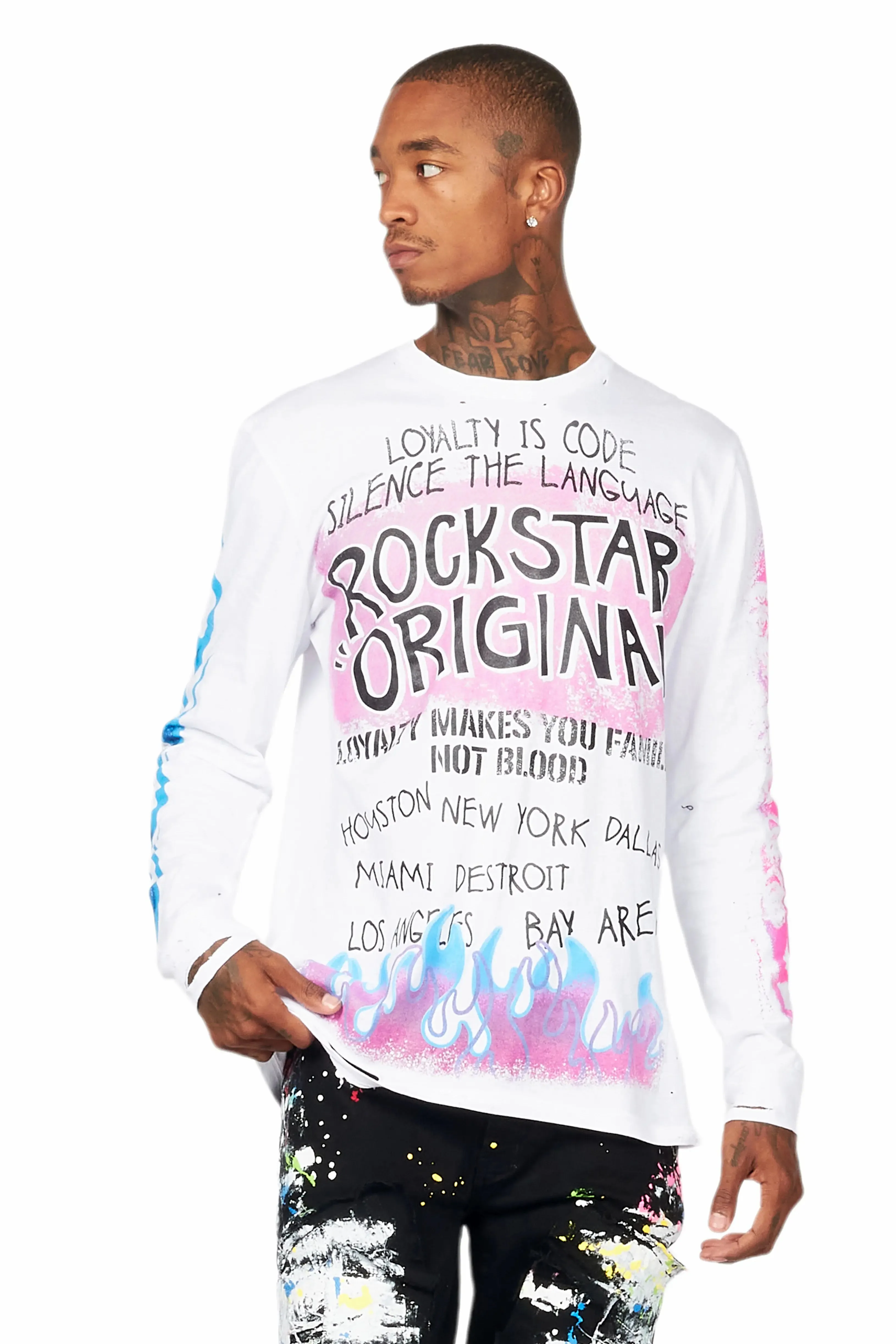 Beno White Long Sleeve Distressed Graphic T-Shirt sold by Rockstar Original product image thumbnail 2