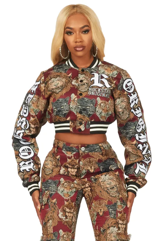 Khadiyah Red Crop Tapestry Varsity Jacket sold by Rockstar Original