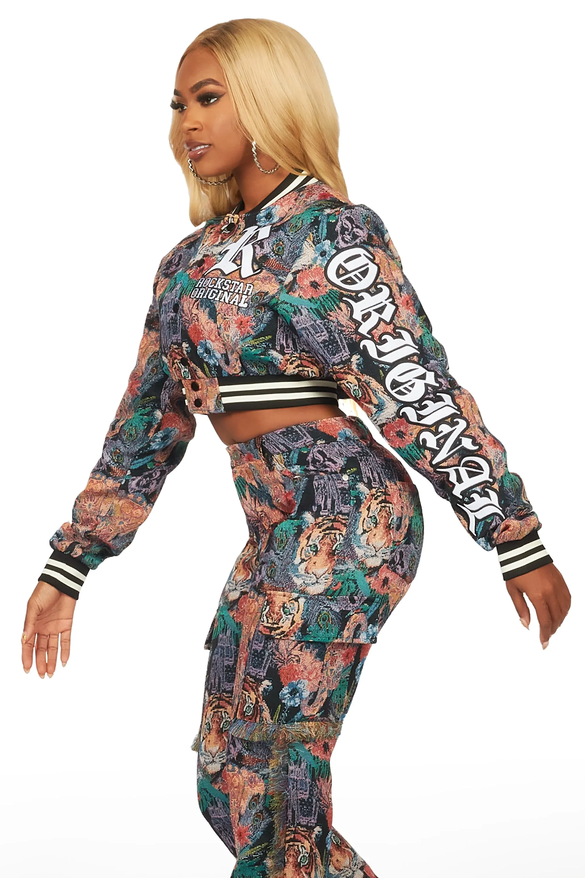 Rena Black Crop Tapestry Varsity Jacket sold by Rockstar Original product image thumbnail 2