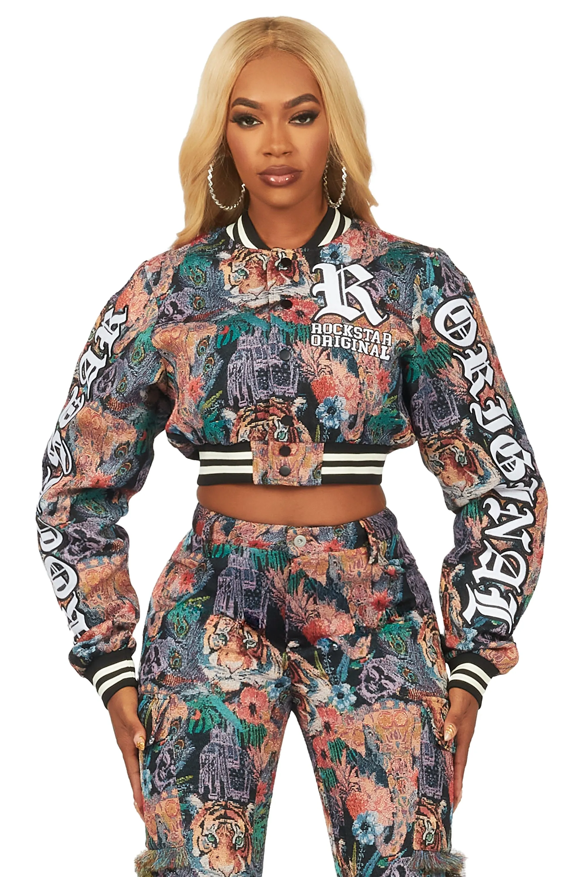 Rena Black Crop Tapestry Varsity Jacket sold by Rockstar Original