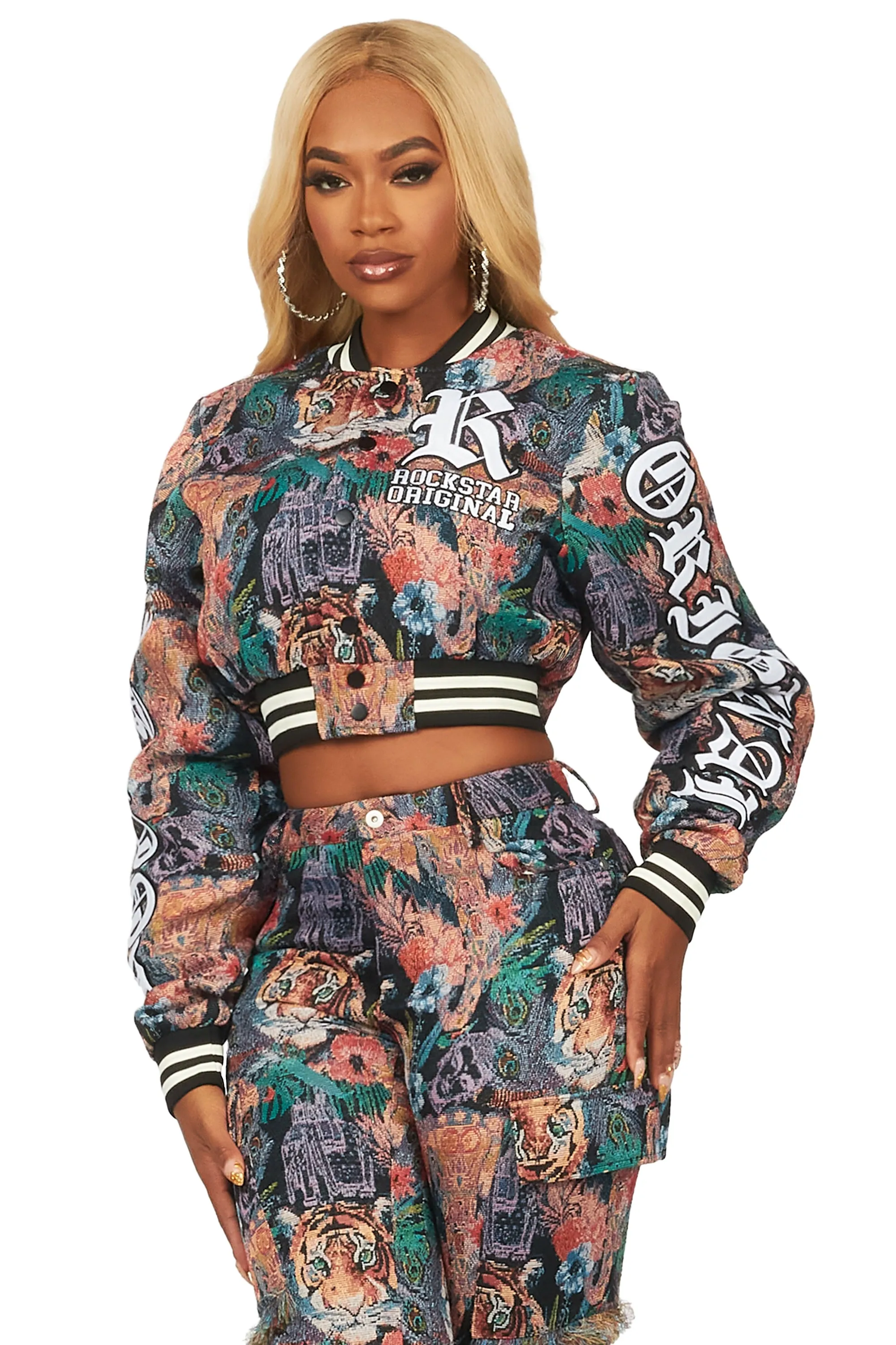 Rena Black Crop Tapestry Varsity Jacket sold by Rockstar Original product image thumbnail 4