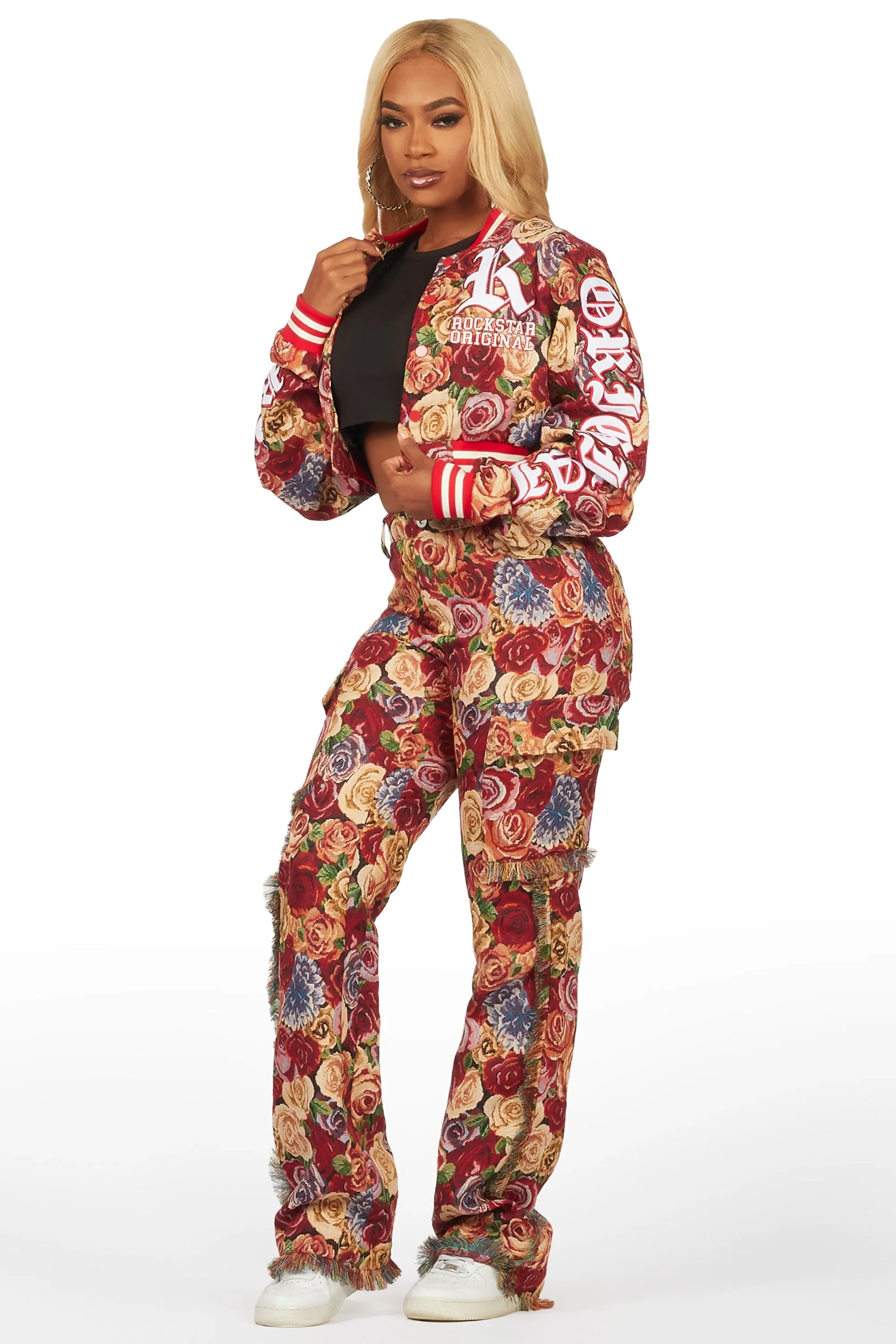 Darresha Red Crop Tapestry Varsity Jacket sold by Rockstar Original product image thumbnail 5