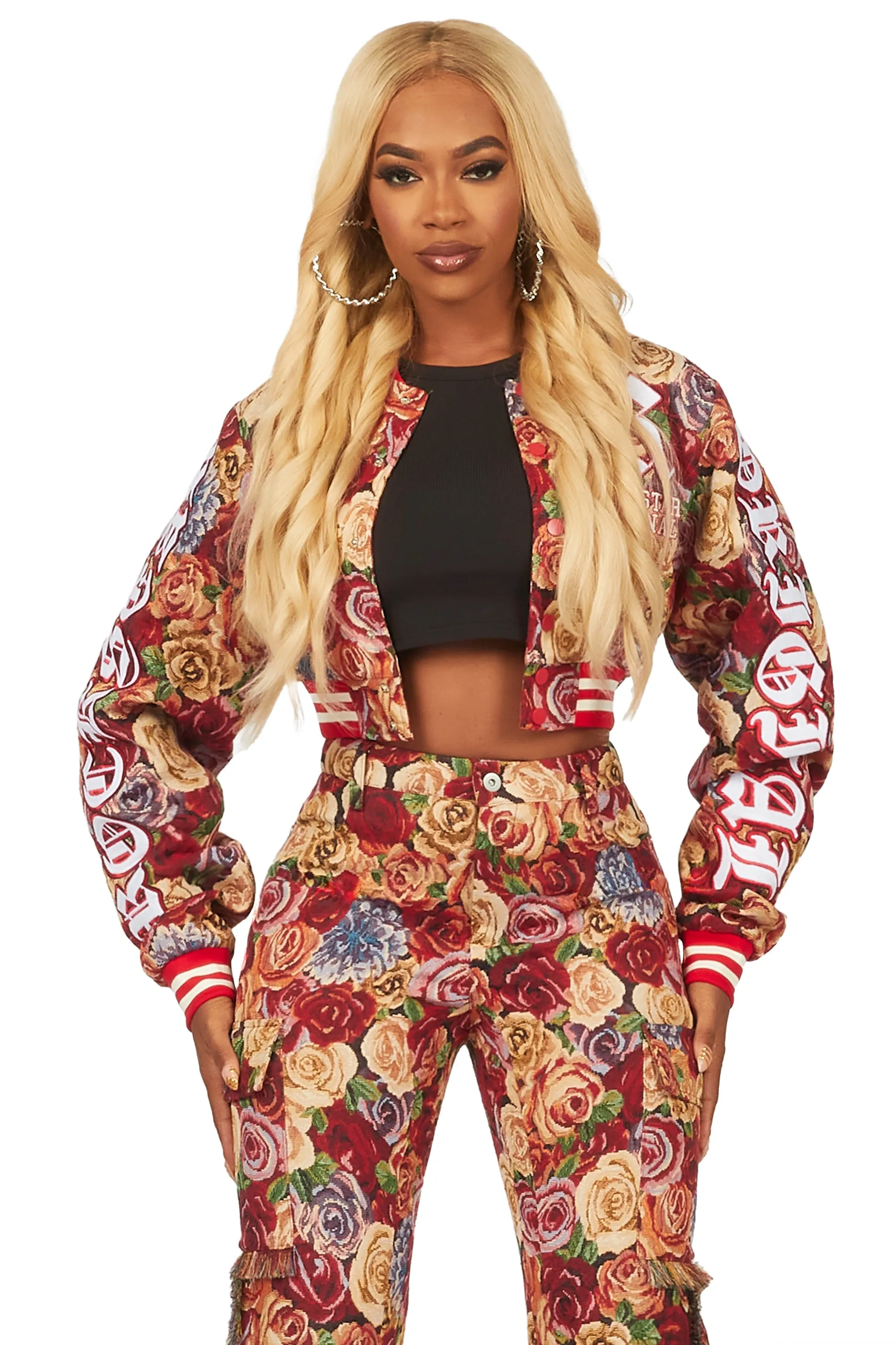 Darresha Red Crop Tapestry Varsity Jacket sold by Rockstar Original product image thumbnail 4