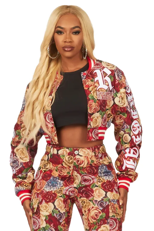 Darresha Red Crop Tapestry Varsity Jacket sold by Rockstar Original
