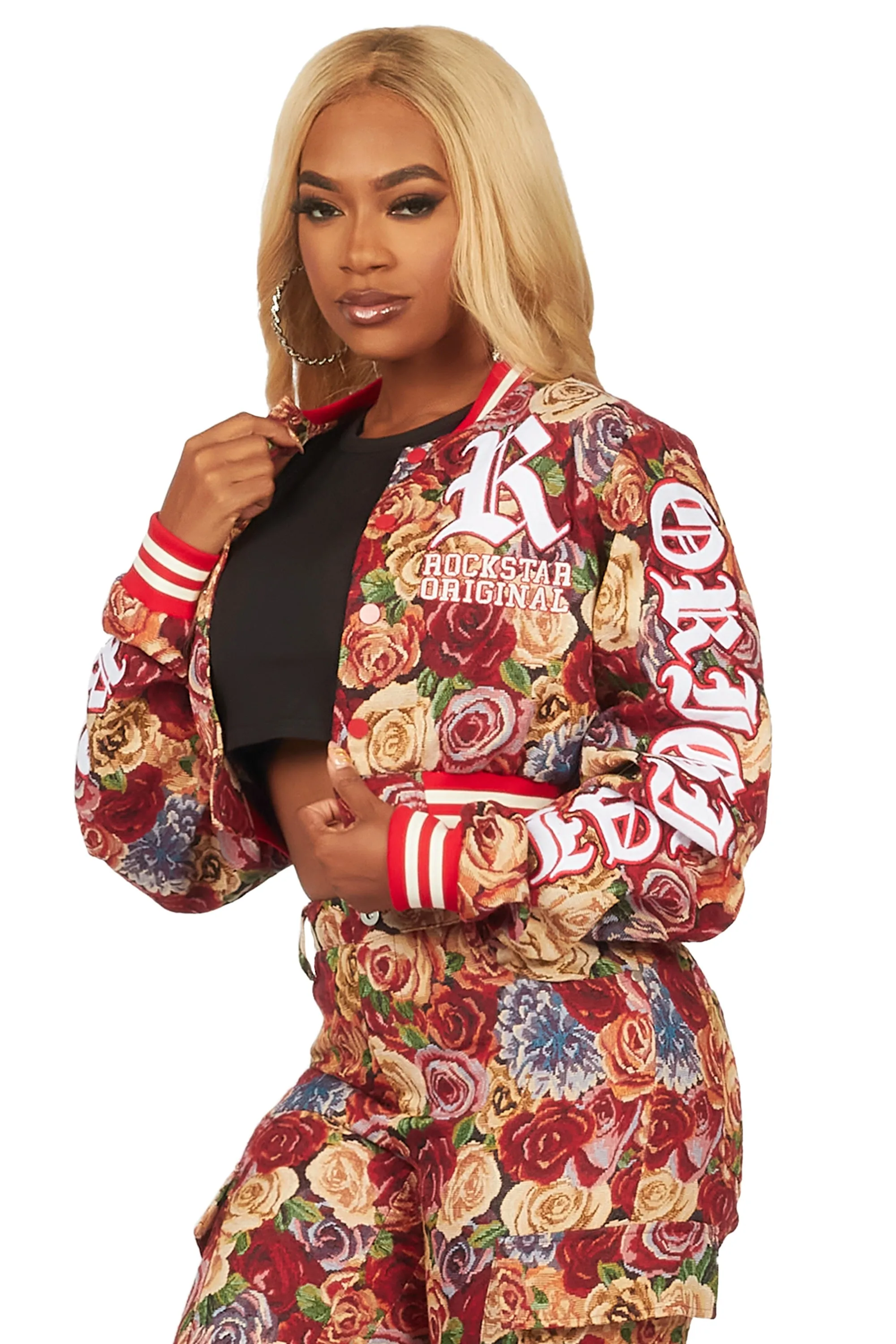 Darresha Red Crop Tapestry Varsity Jacket sold by Rockstar Original product image thumbnail 2