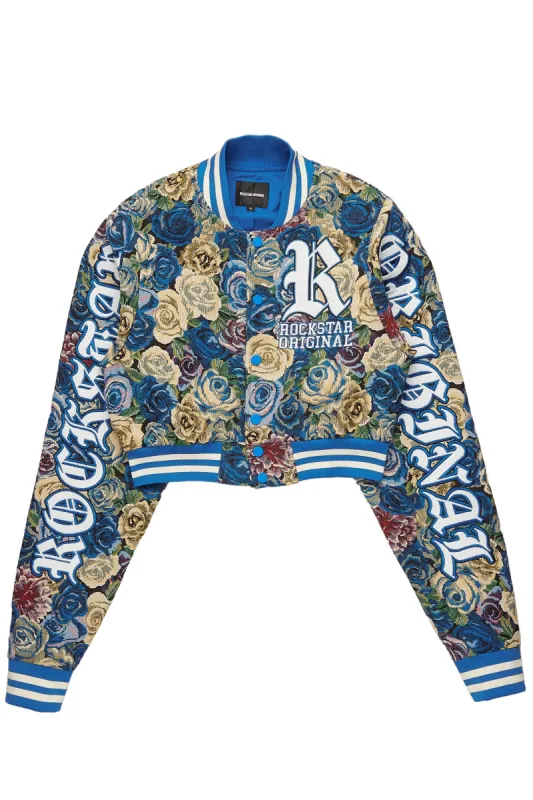Darresha Blue Crop Tapestry Varsity Jacket sold by Rockstar Original