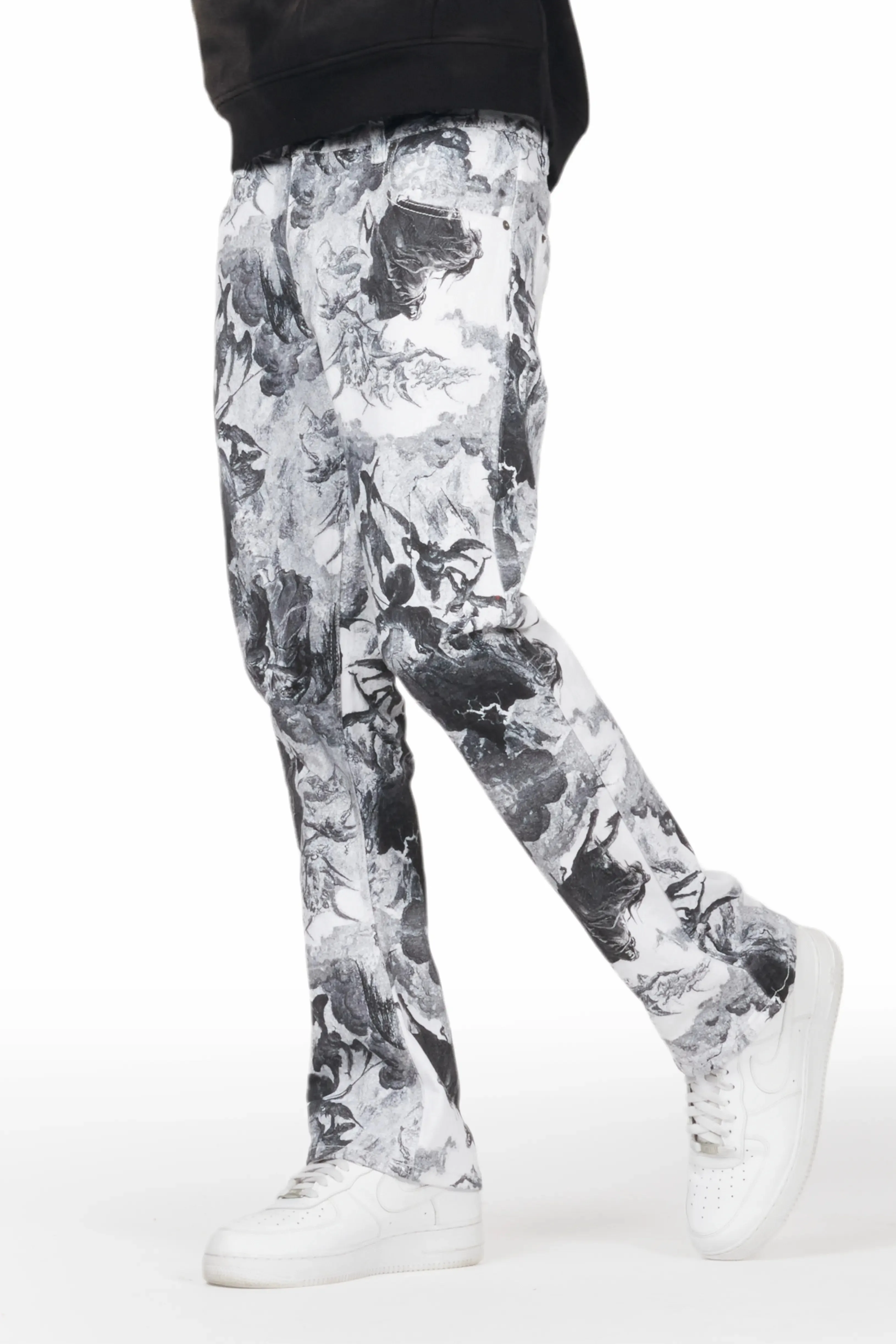 Jacop White Printed Stacked Flare Jean sold by Rockstar Original