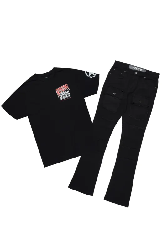 Wizzurd Black T-Shirt/Stacked Flare Cargo Jean Bundle sold by Rockstar Original