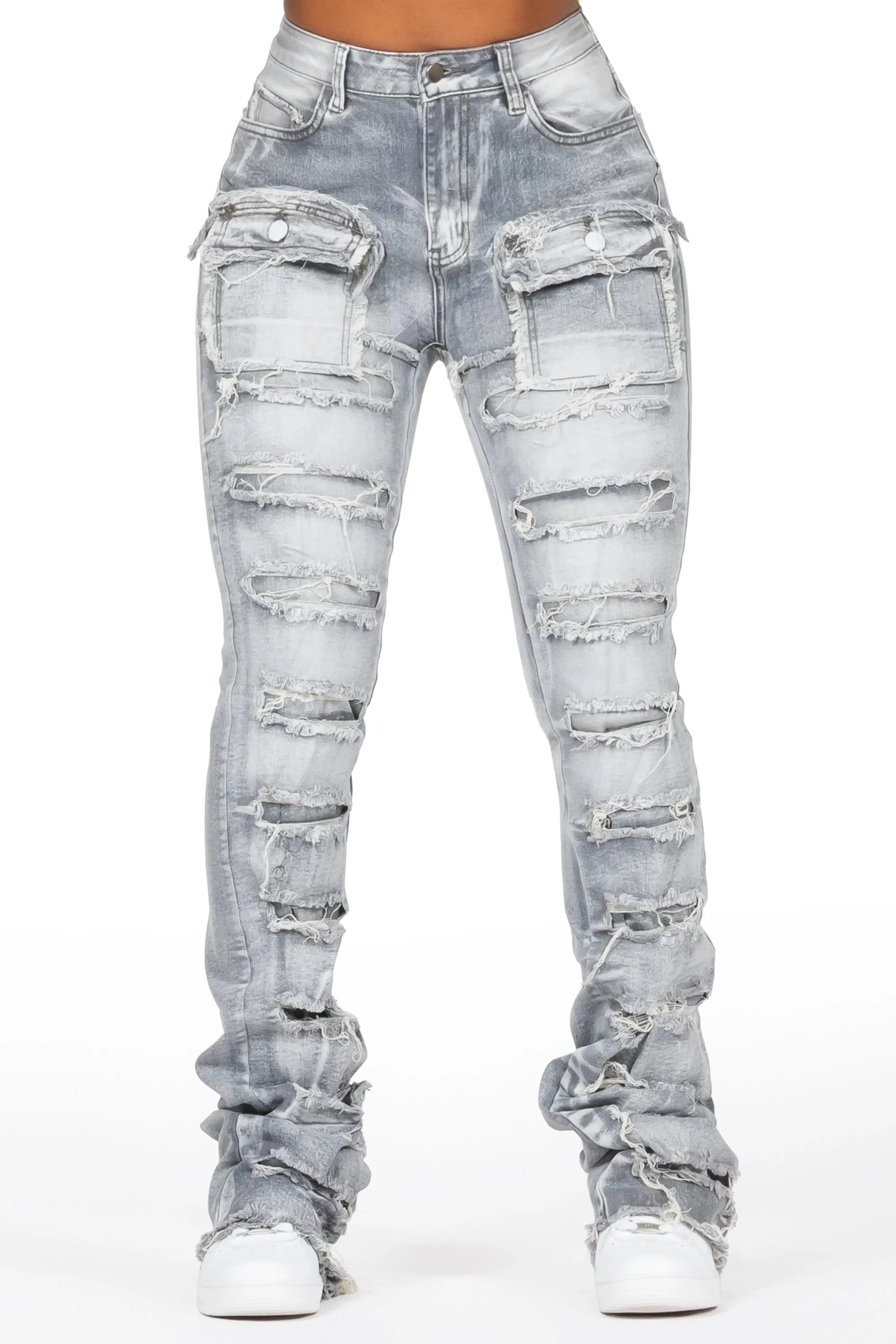 Kanivia Grey Wash Cargo Stacked Flare Jean sold by Rockstar Original