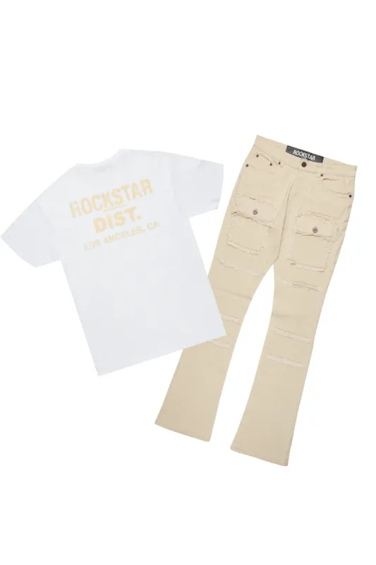 Lake White/Beige T-Shirt/Stacked Flare Cargo Jean Bundle sold by Rockstar Original