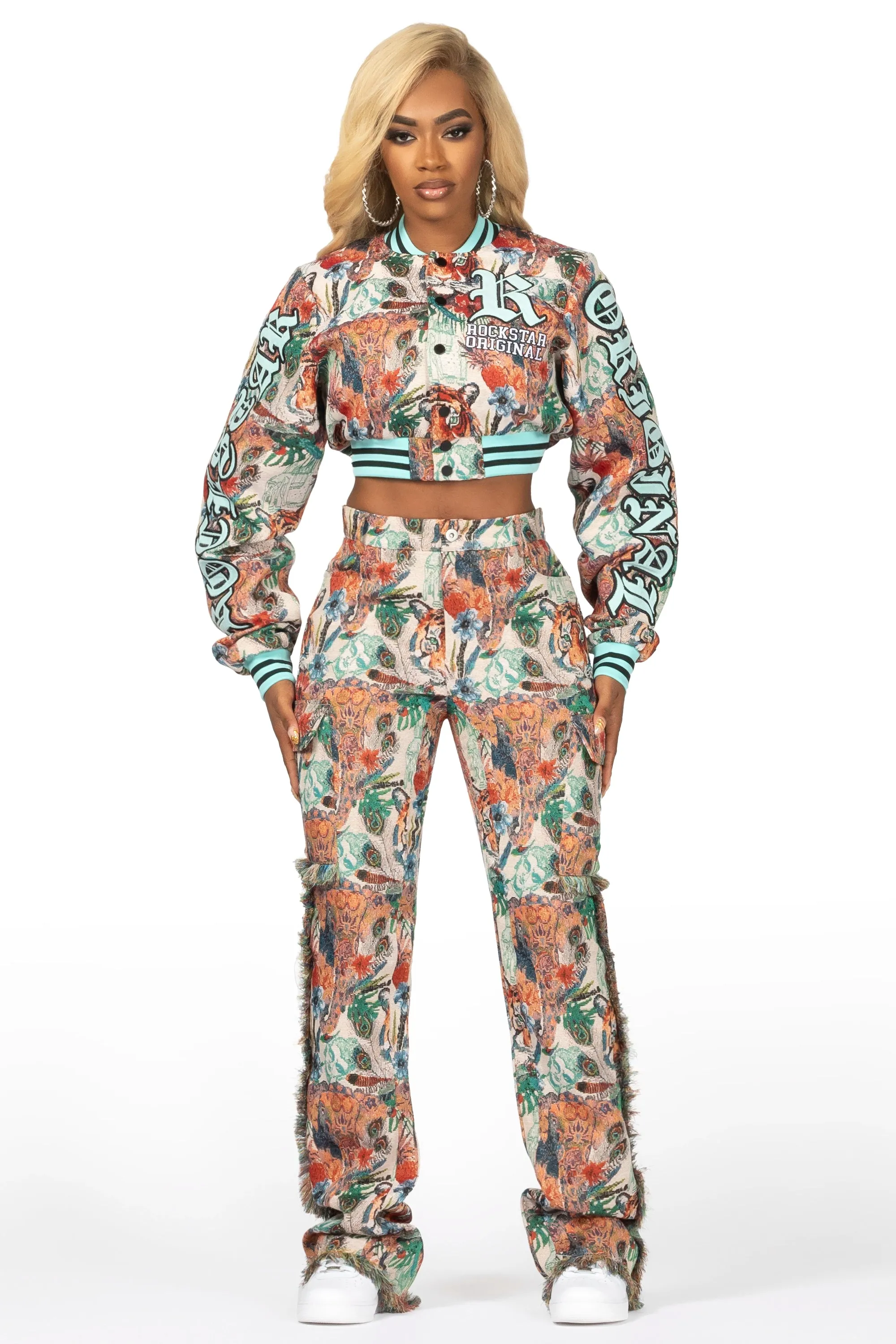 Rena Beige Crop Tapestry Varsity Jacket sold by Rockstar Original product image thumbnail 4