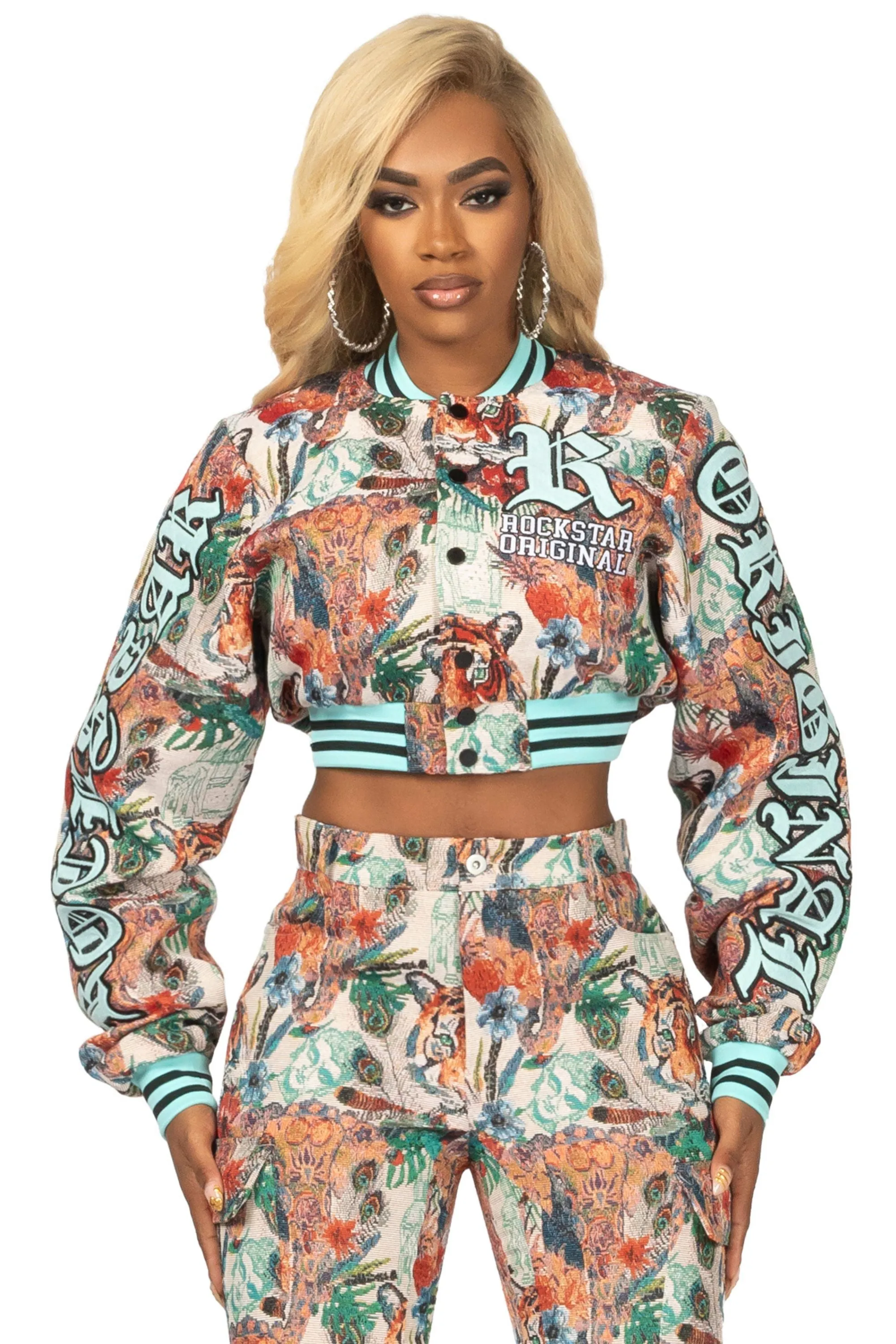 Rena Beige Crop Tapestry Varsity Jacket sold by Rockstar Original