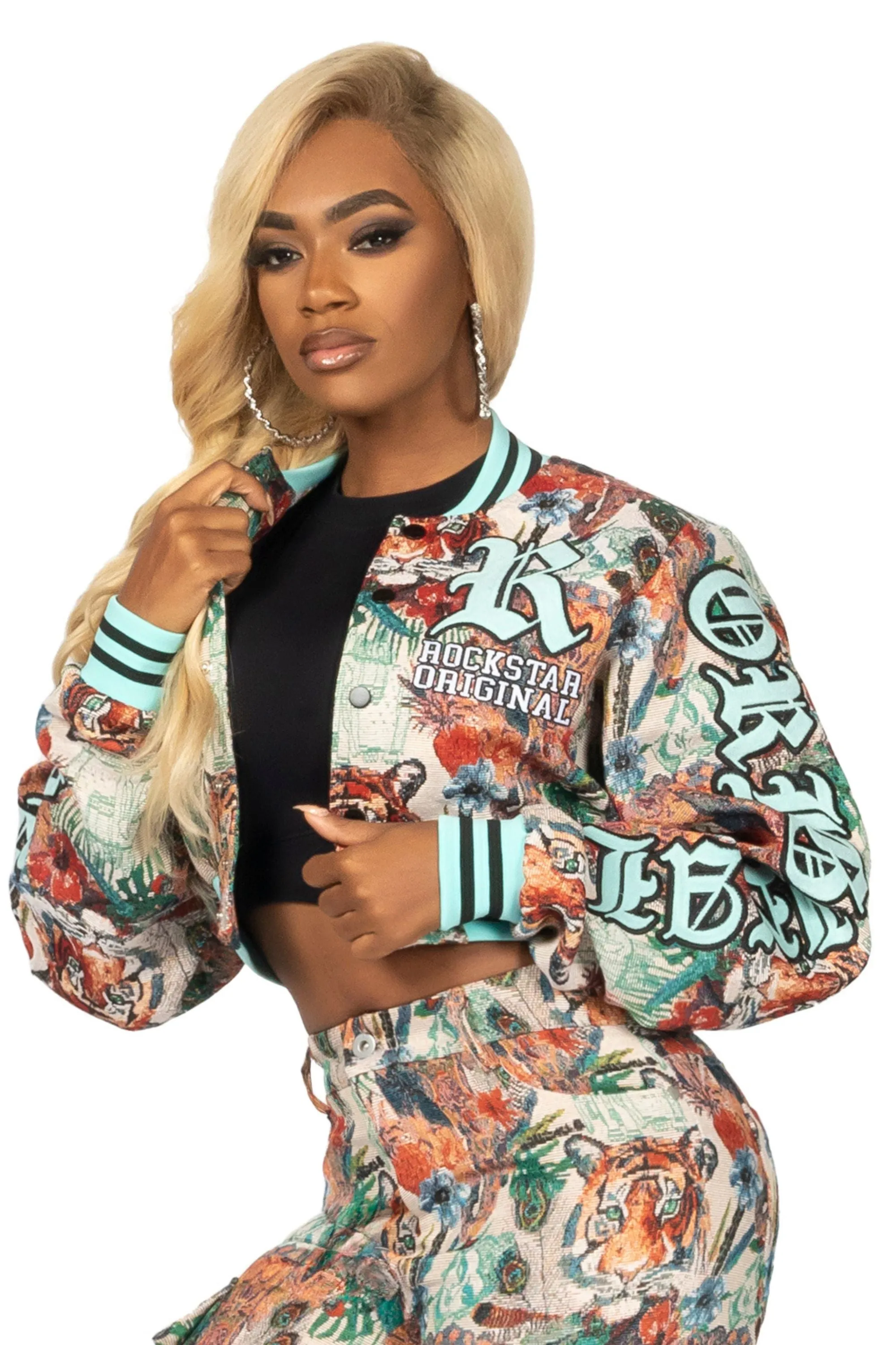 Rena Beige Crop Tapestry Varsity Jacket sold by Rockstar Original product image thumbnail 3