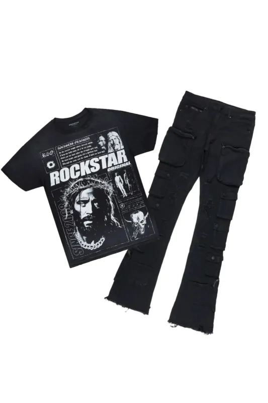 Raith Black T-Shirt & Konrad Stacked Cargo Flare Jean Bundle sold by Rockstar Original