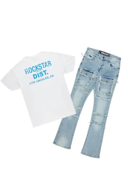 Lake White/Blue T-Shirt/Stacked Flare Cargo Jean Bundle sold by Rockstar Original