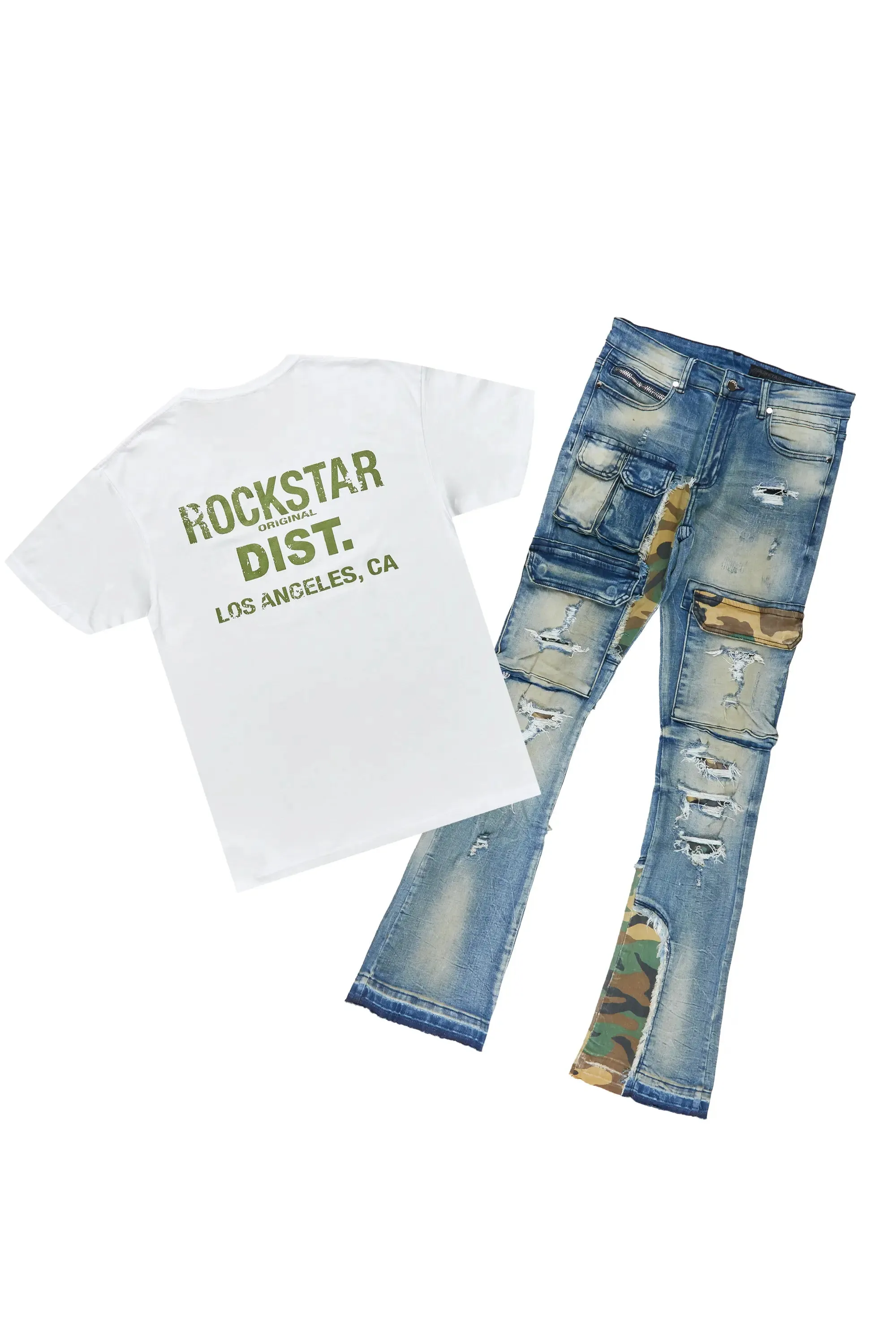 Lake White/Green T-Shirt & Zeta Stacked Flare Jean Bundle sold by Rockstar Original