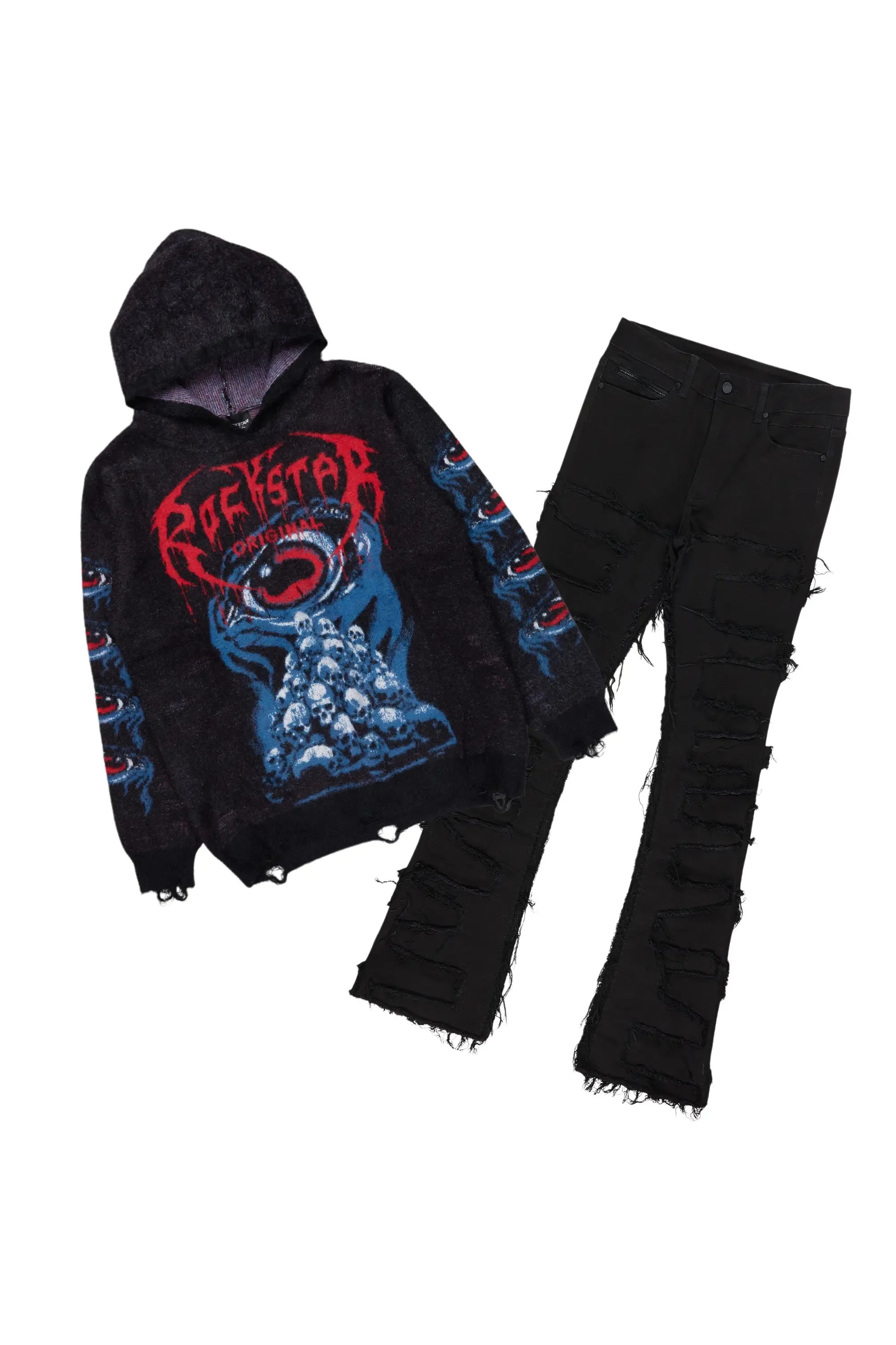 Ika Black Knit Hoodies & Shake Stacked Flare Jean Bundle sold by Rockstar Original