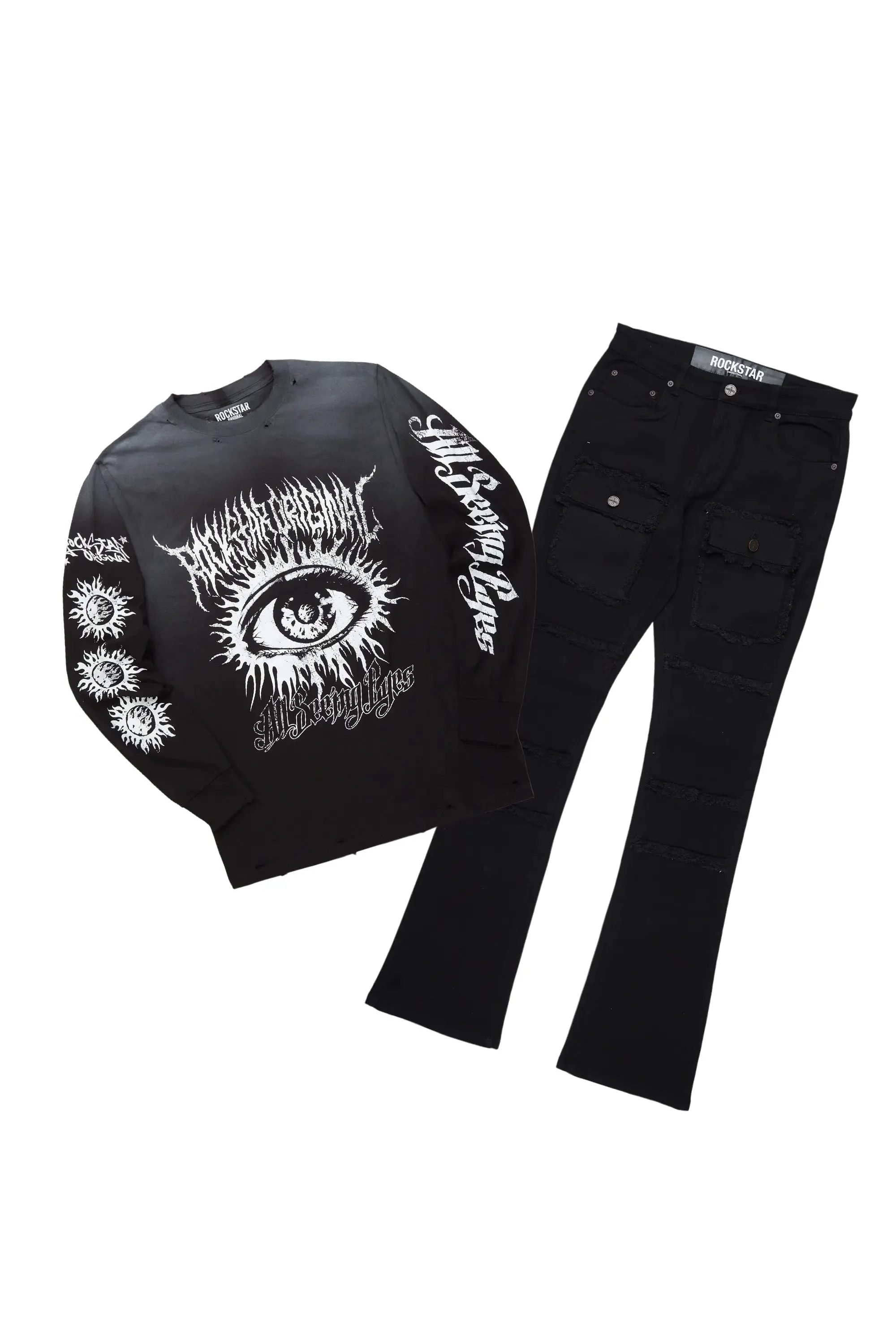 All Seeing Eyes Black Long Sleeve T-Shirt/Stacked Flare Cargo Jean Bundle sold by Rockstar Original