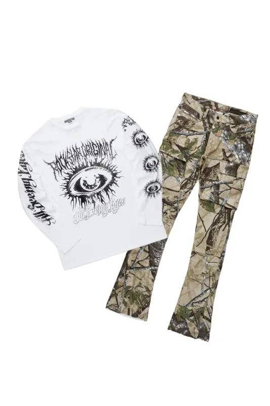 All Seeing Eyes White Long Sleeve T-Shirt & Merrik Stacked Flare Jean Bundle sold by Rockstar Original