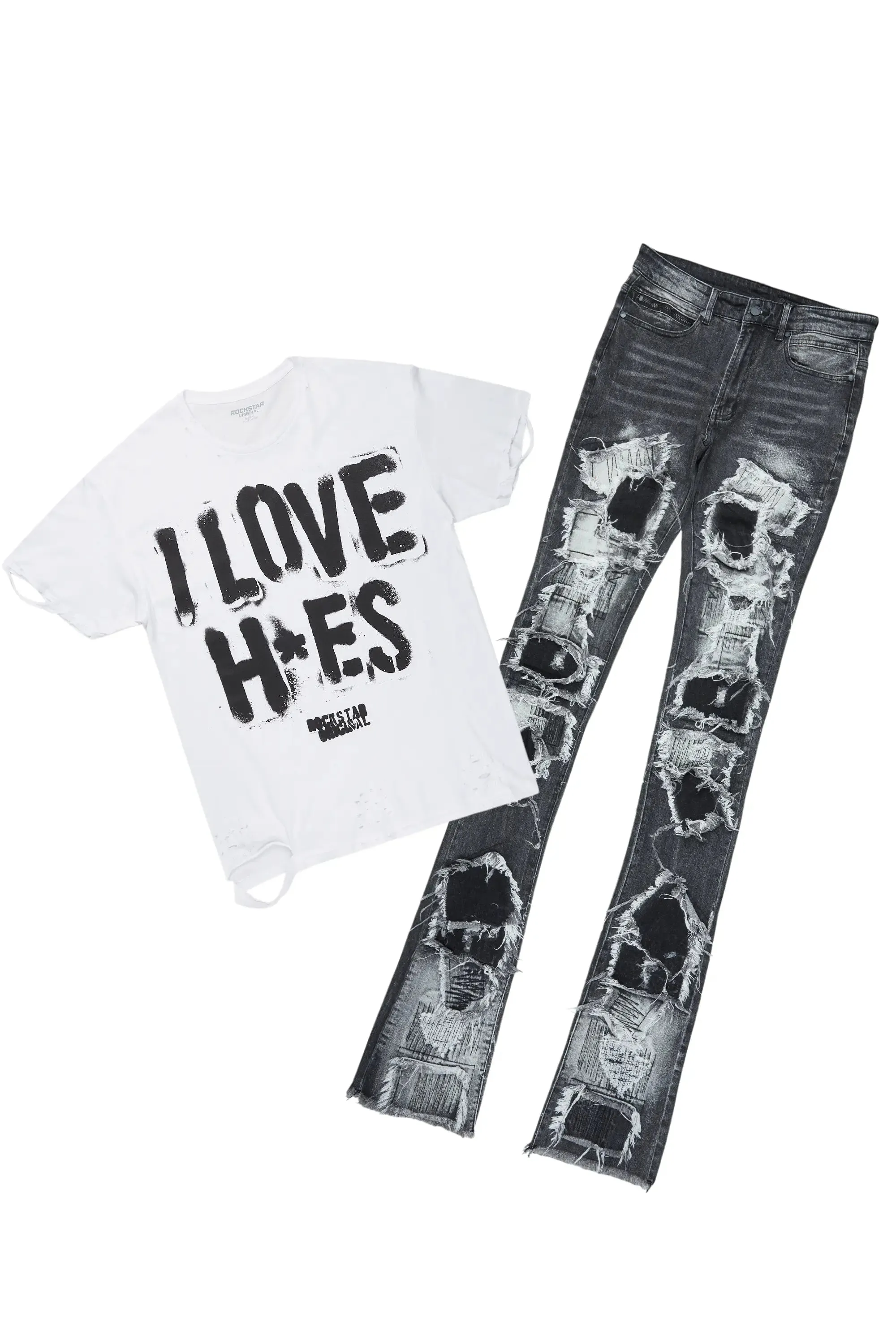 Banyan White T-Shirt & Camden Super Stacked Flare Jean Bundle sold by Rockstar Original