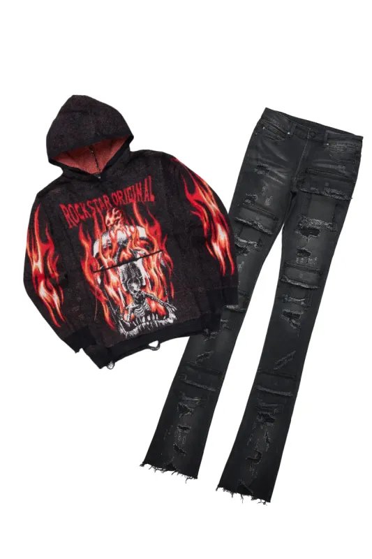 Fuka Black Knit Hoodie & Pooja Super Stacked Flare Jean Bundle sold by Rockstar Original
