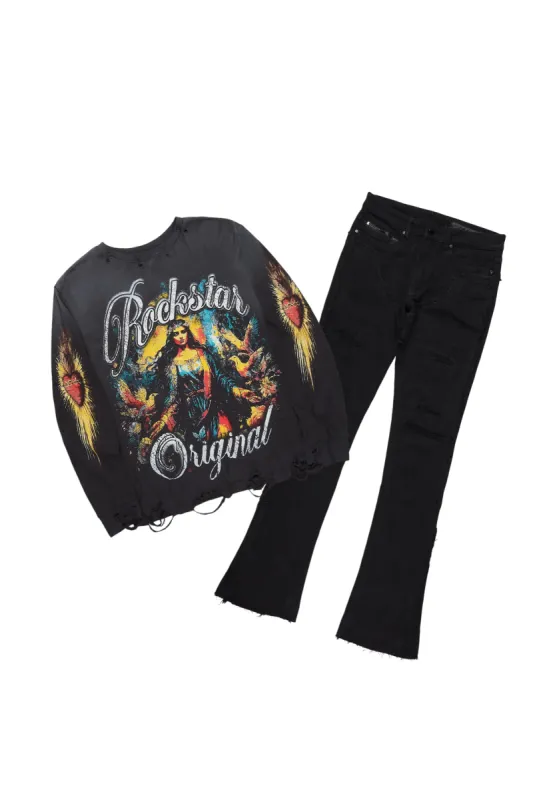 Santorini Black Long Sleeve T-Shirt/Stacked Flare Jean Bundle sold by Rockstar Original