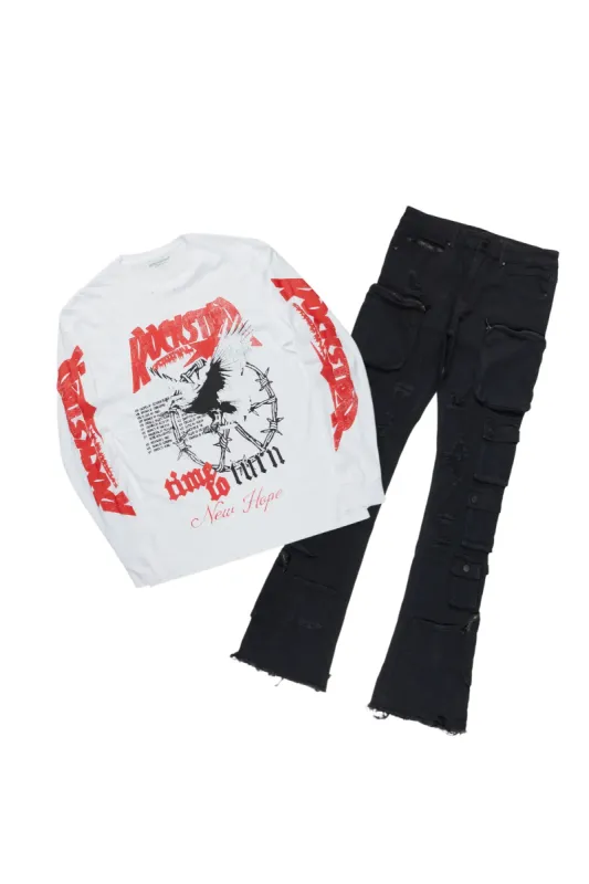 Burial White Long Sleeve T-Shirt & Konrad Stacked Flare Jean Bundle sold by Rockstar Original