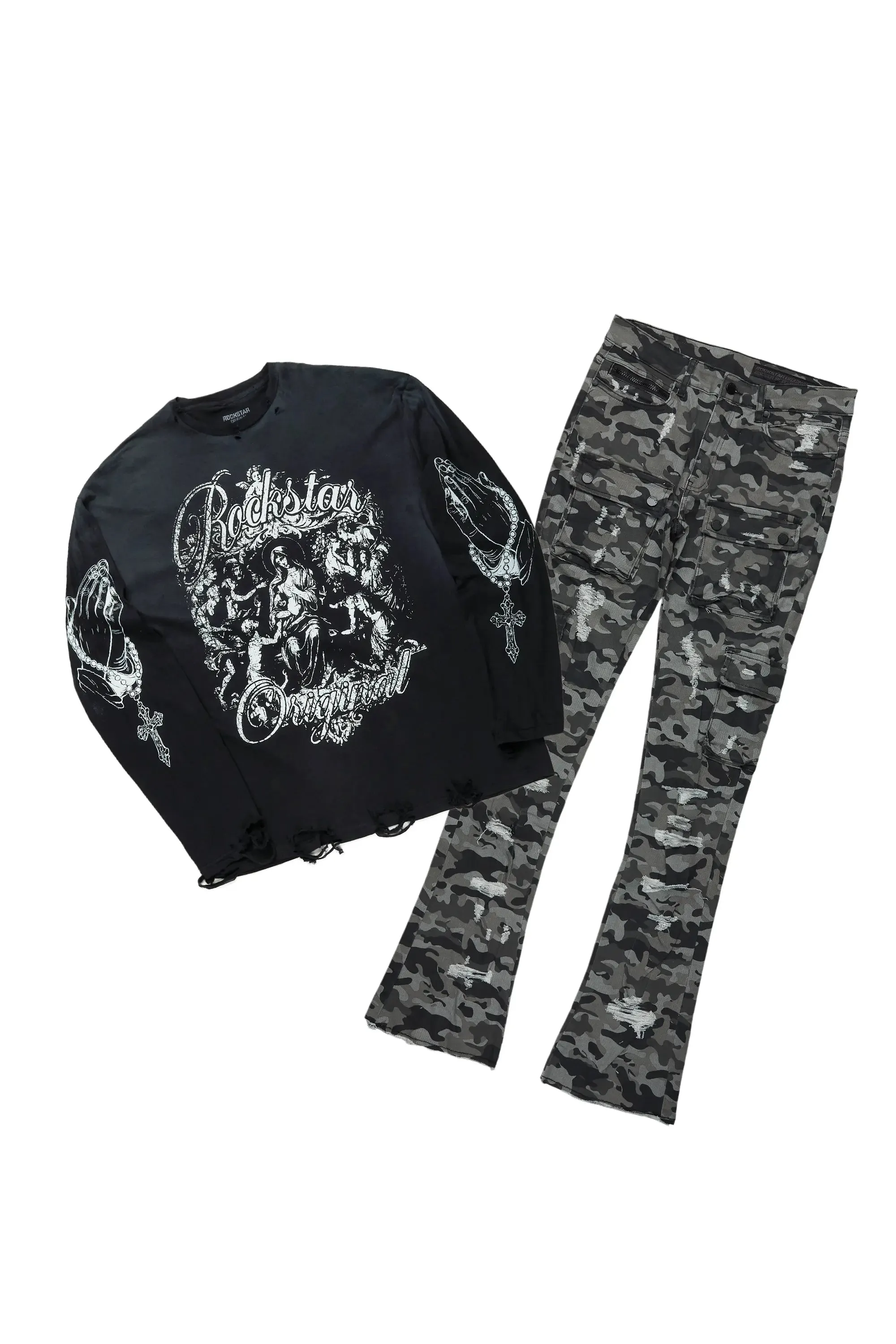 Vamp Black Long Sleeve T-Shirt & Zaid Stacked Flare Jean Bundle sold by Rockstar Original