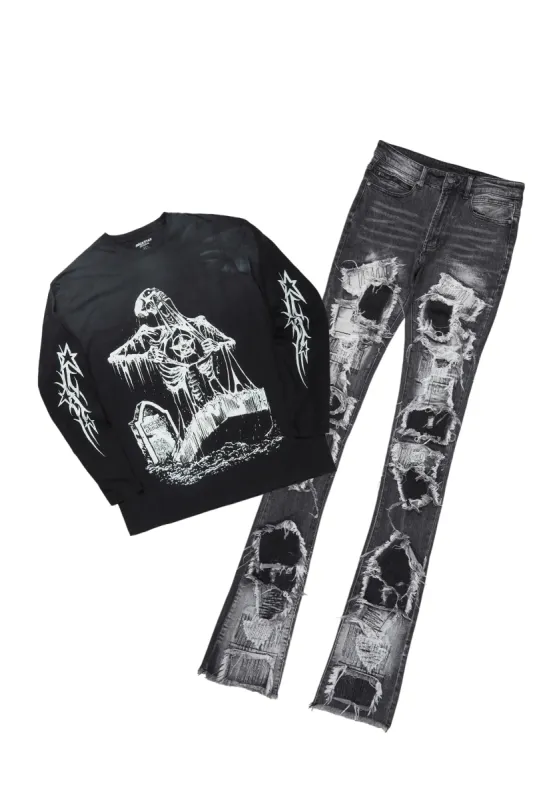 Brookwood Black Long Sleeve T-Shirt & Camden Super Stacked Flare Jean Bundle sold by Rockstar Original