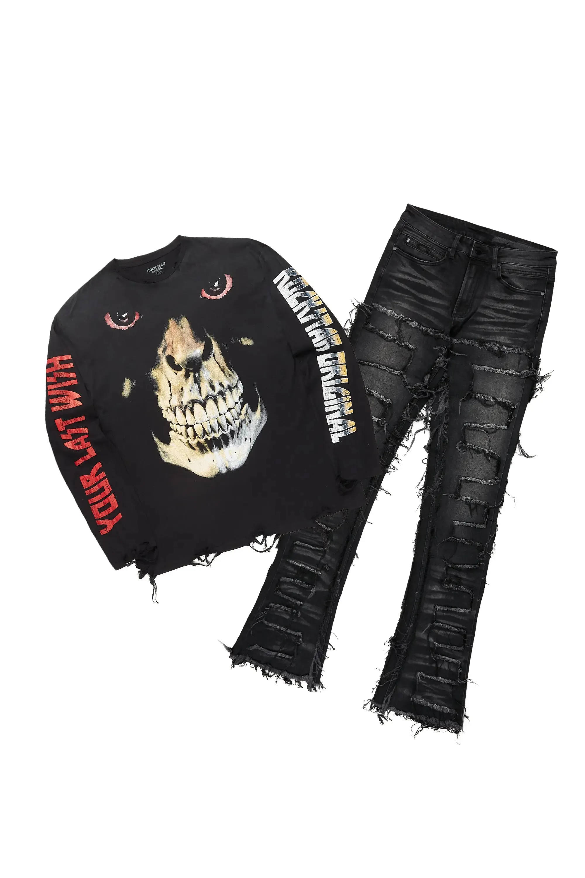 Dunebi Black Long Sleeve T-Shirt & Shake Stacked Flare Jean Bundle sold by Rockstar Original