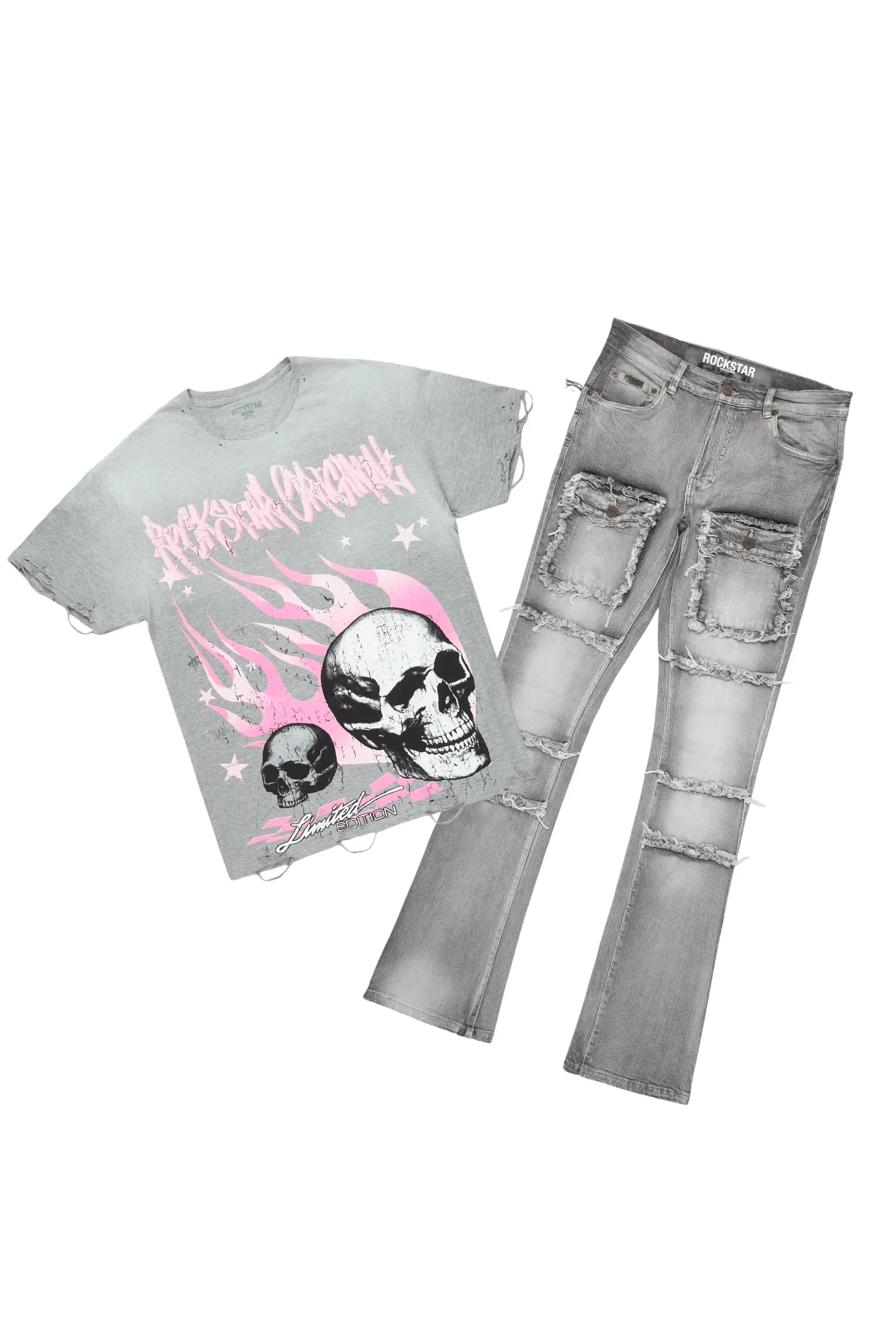 Anesso Grey Oversize T-Shirt/Stacked Flare Cargo Jean Bundle sold by Rockstar Original