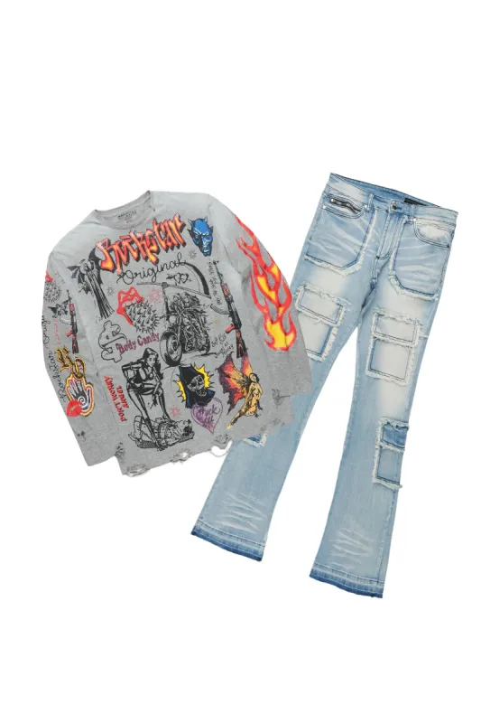 Shoota Grey Long Sleeve T-Shirt & Tyrell Stacked Flare Jean Bundle sold by Rockstar Original