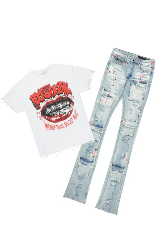 Bloke White/Blue T-Shirt/Super Stacked Flare Jean Bundle sold by Rockstar Original