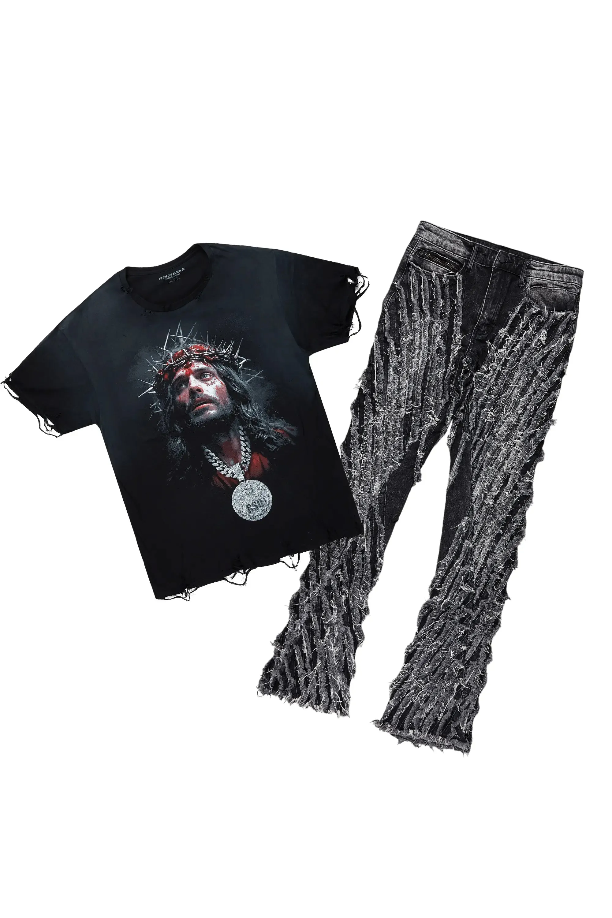 Amina Black Oversized T-Shirt/Stacked Flare Jean Bundle sold by Rockstar Original