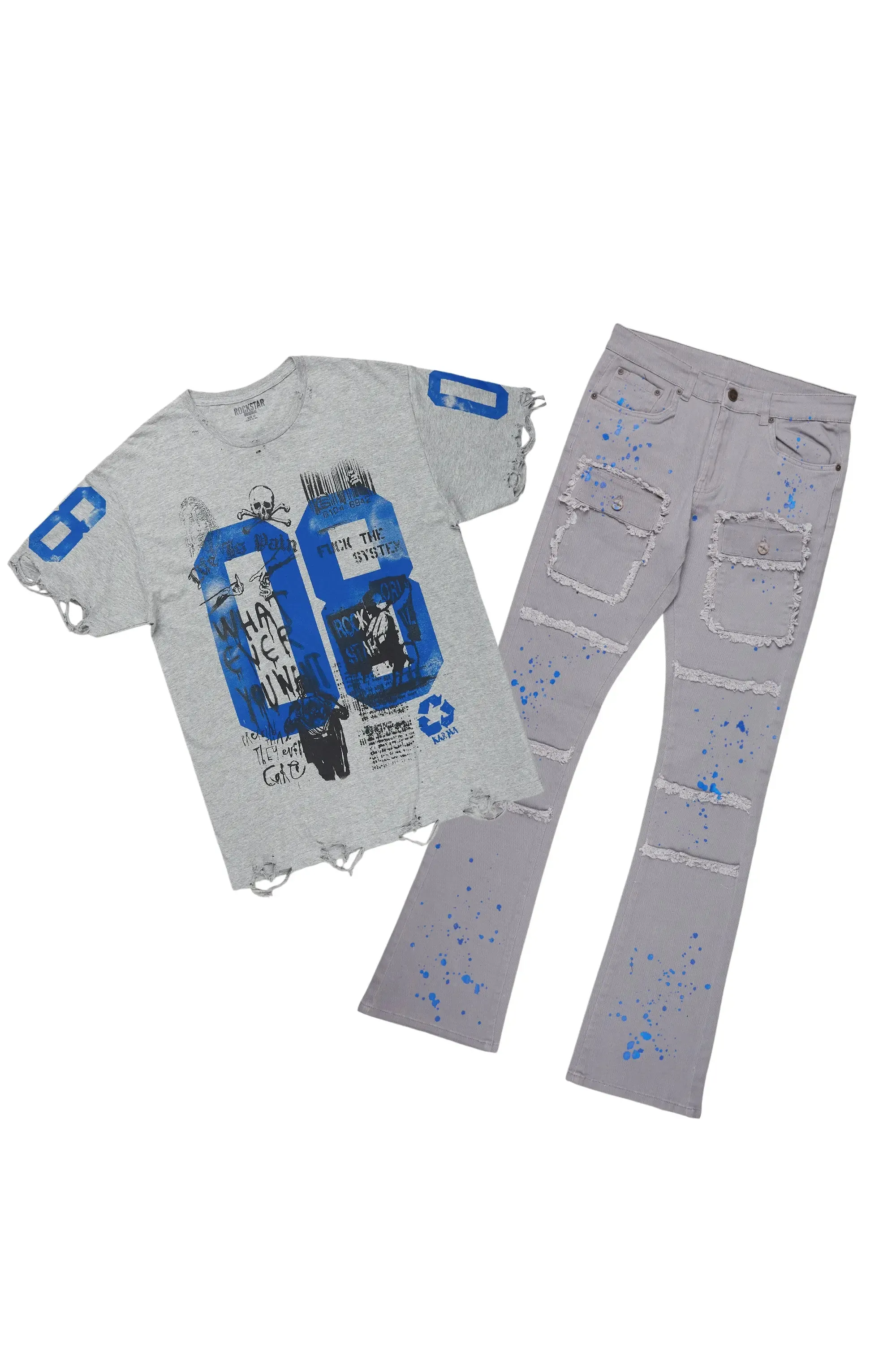 Grill Grey Oversized T-Shirt/Stacked Flare Cargo Jean Bundle sold by Rockstar Original