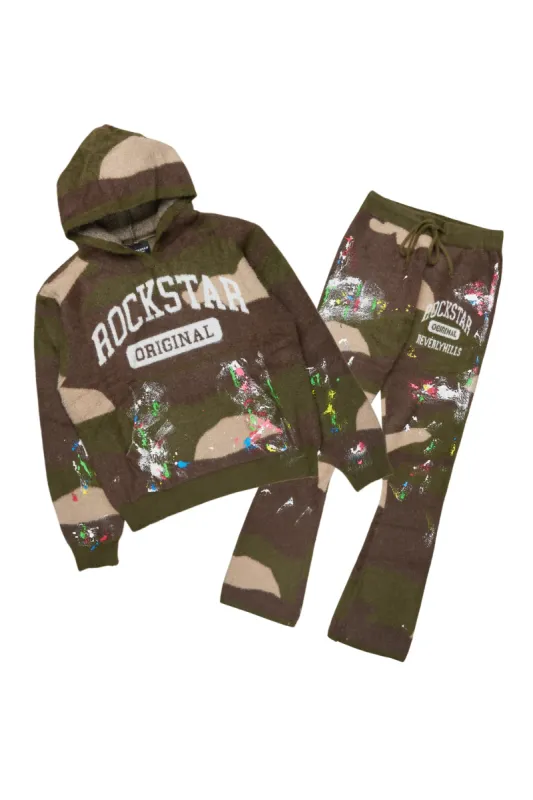 Rasul Green Camo Stacked Flare Knitted Mohair Track Set sold by Rockstar Original
